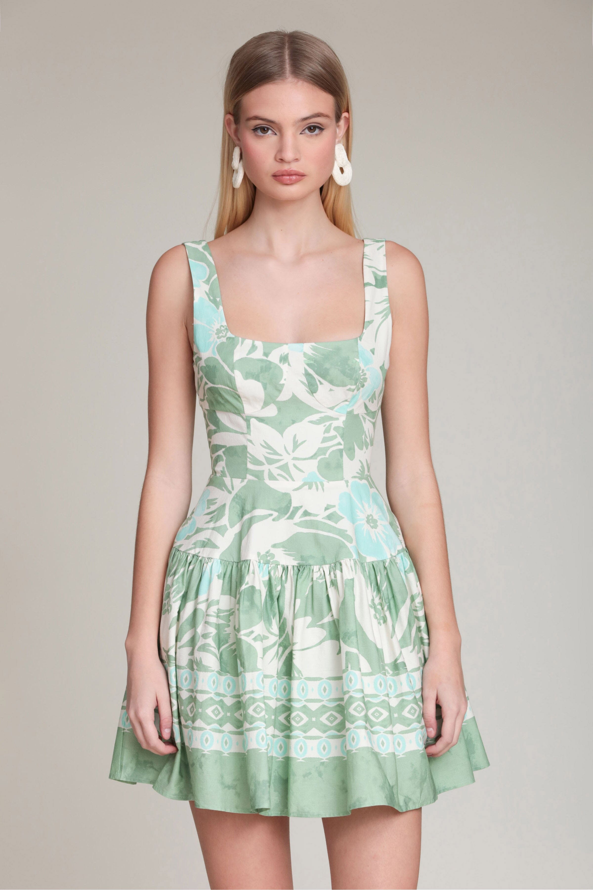 Print stretch cotton ivory and green mini dress with a square neckline - Shop women's mini dresses by Avec Les Filles
