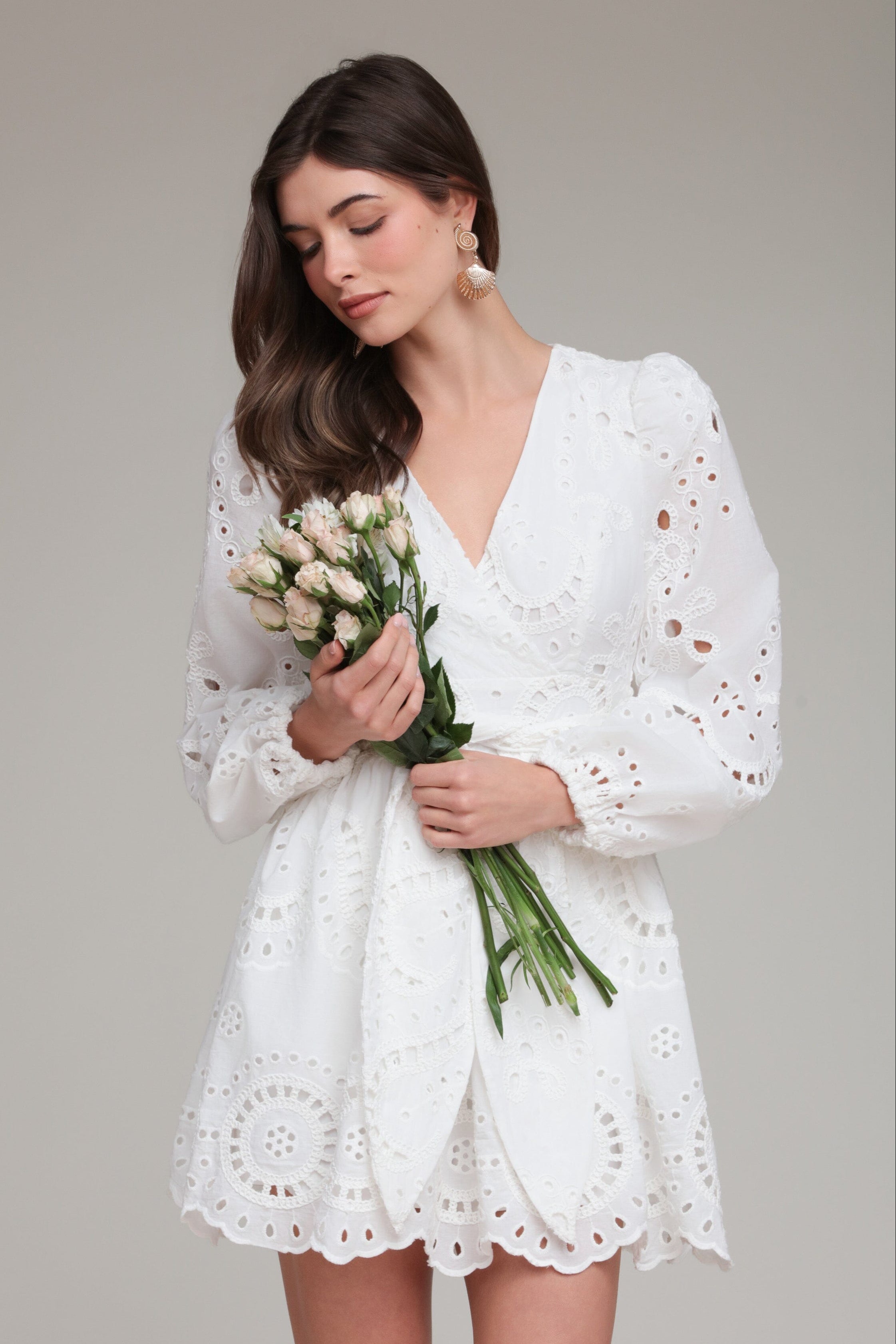 White romper dress in 100% cotton with long sleeves and V-neck - Shop women's cute dresses by Avec Les Filles