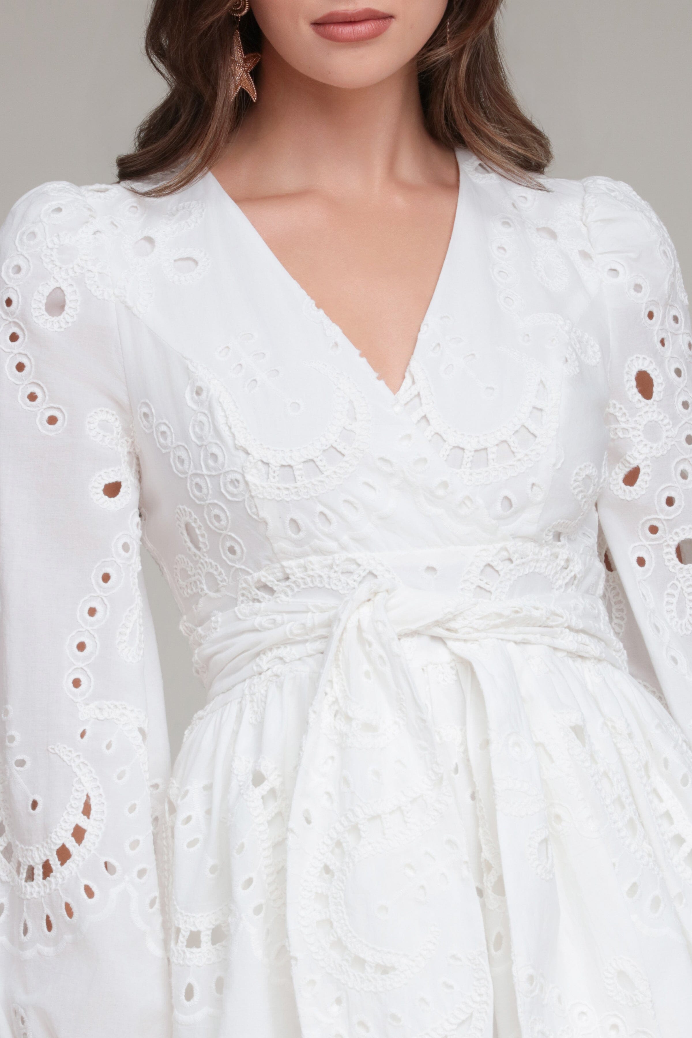 White romper cotton dress with long sleeves and V-neck - Shop cute women's mini dresses by Avec Les Filles