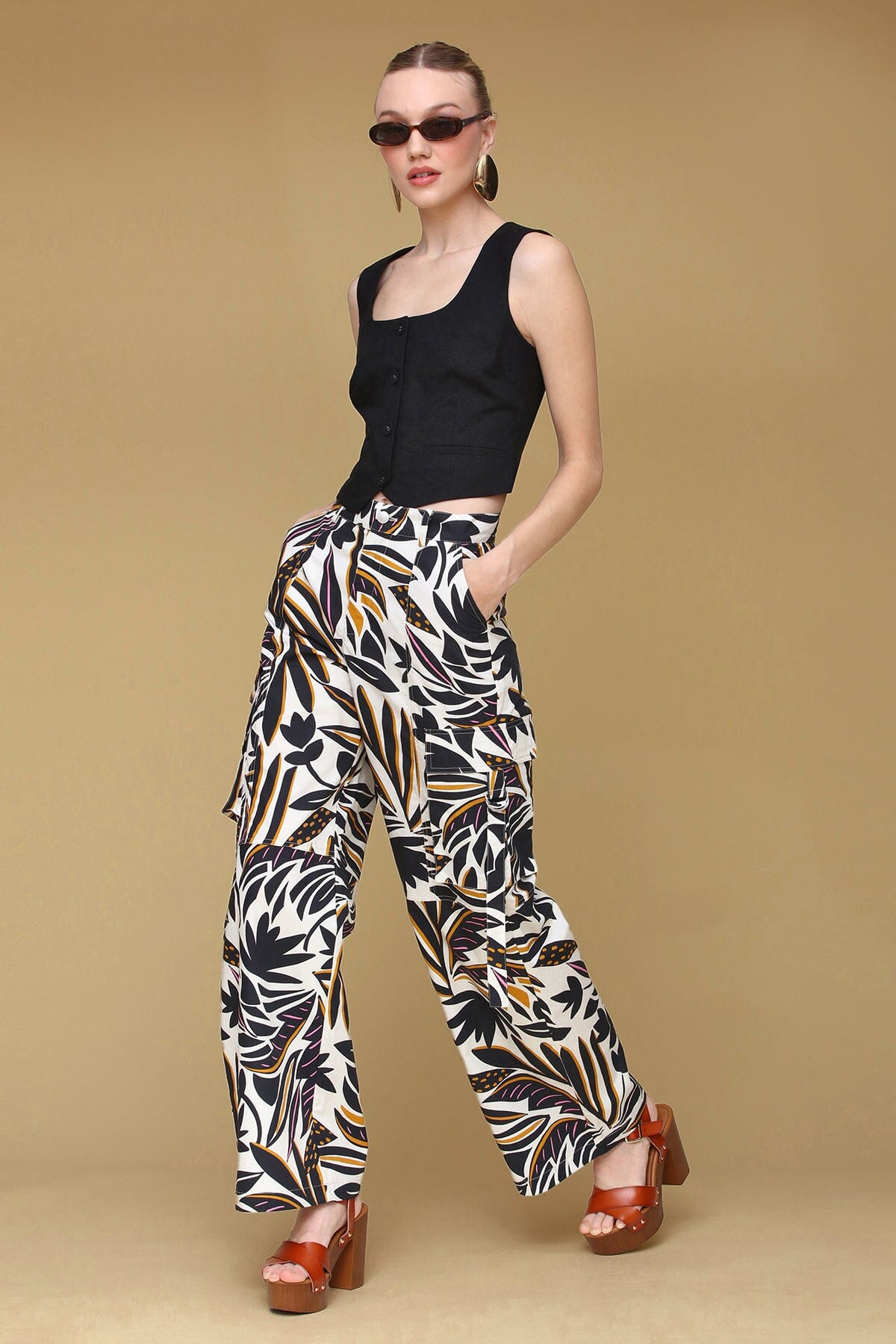 Multicolor bali garden tropical print linen blend wide leg cargo pant with high-rise waistband - Cute womens pants by Avec Les Filles