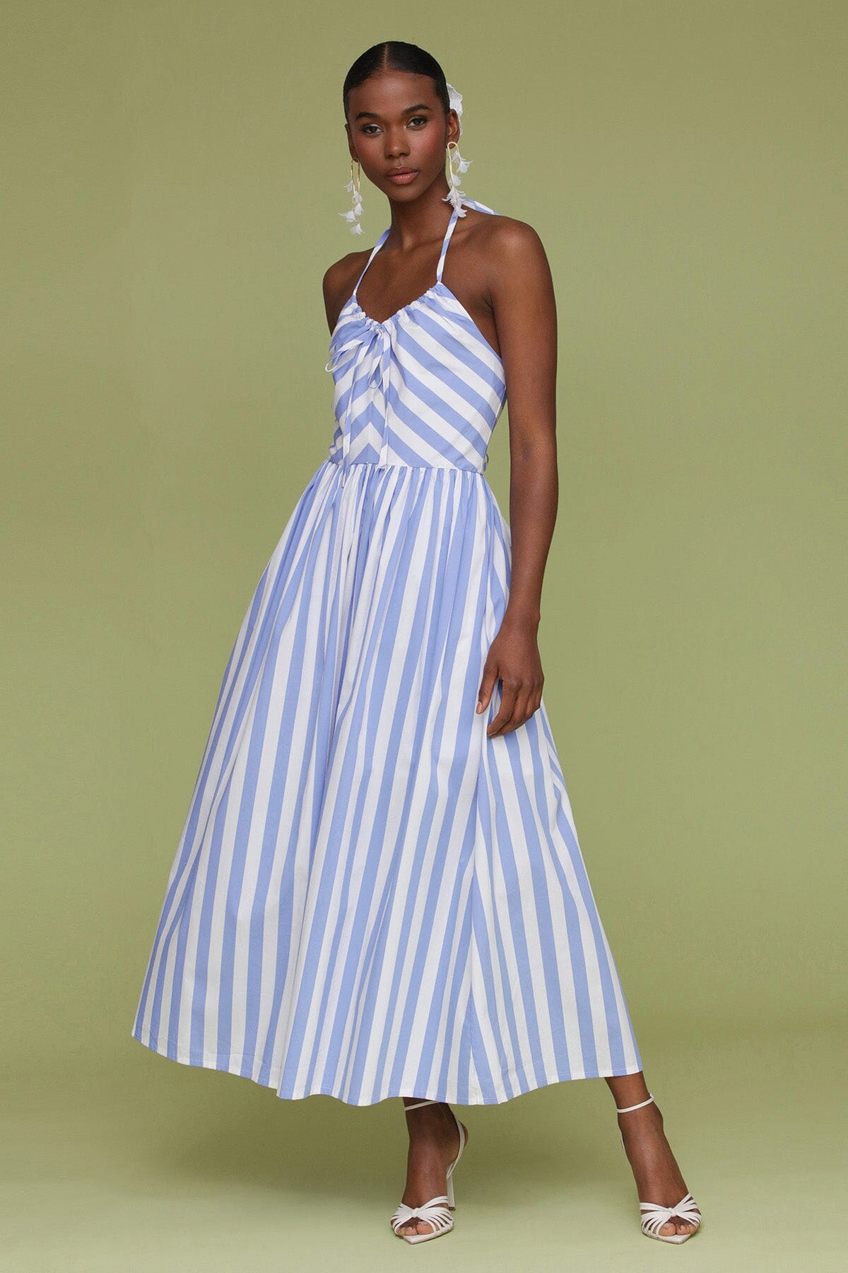 Blue white striped cotton halter tie midi dress with adjustable halter ties and hidden back zipper closure - Cute women's dresses by Avec Les Filles