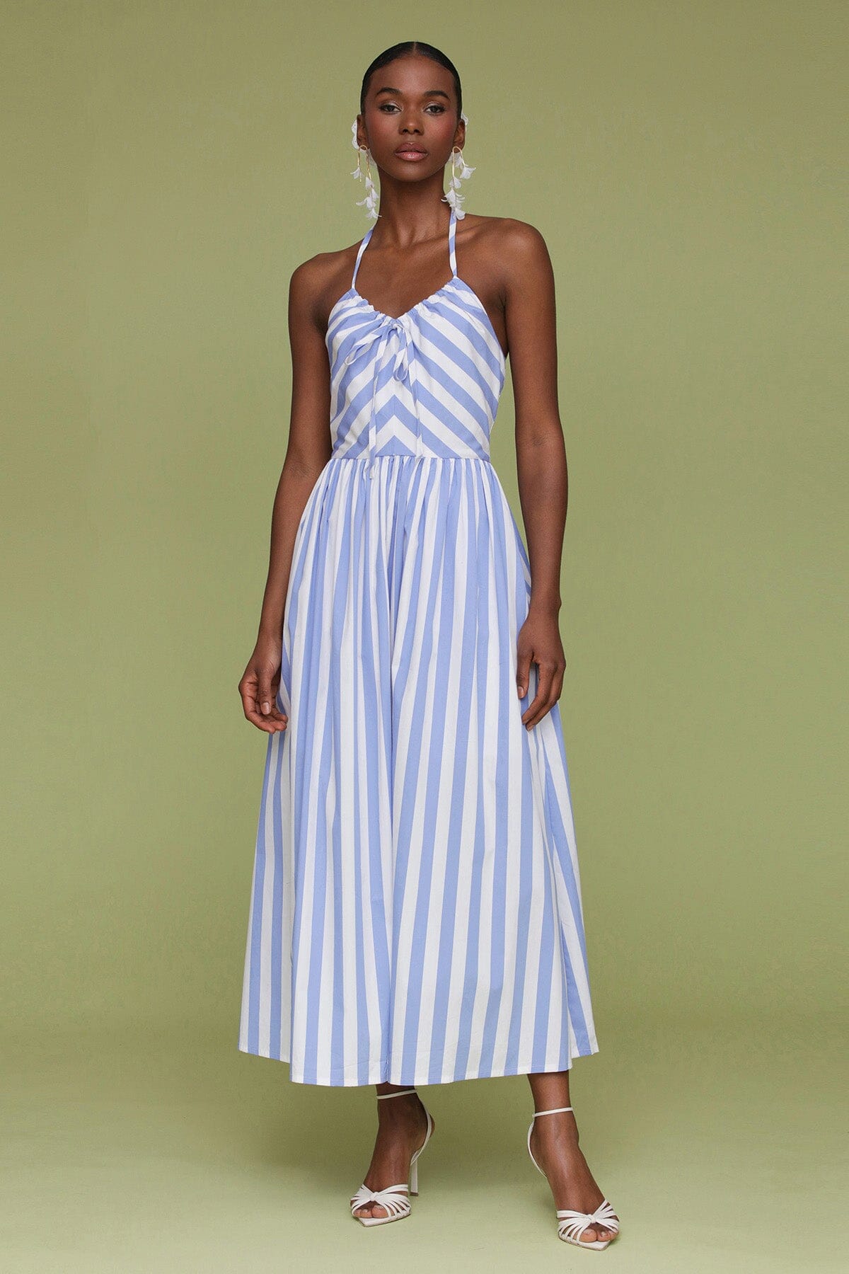 Blue white striped cotton halter tie midi dress with adjustable halter ties and hidden back zipper closure - Cute women's dresses by Avec Les Filles