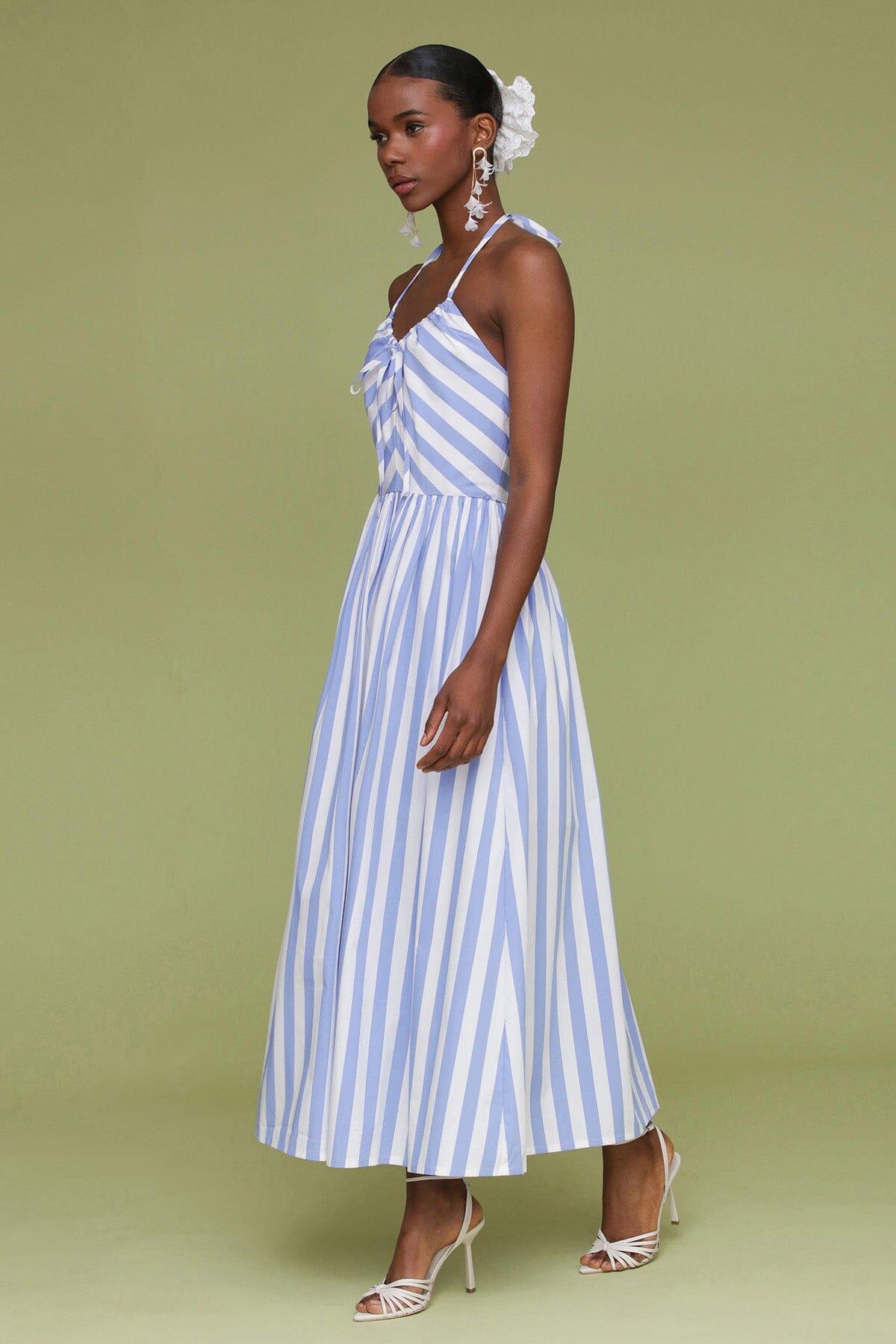 Blue white striped cotton halter tie midi dress with adjustable halter ties and hidden back zipper closure - Cute women's dresses by Avec Les Filles