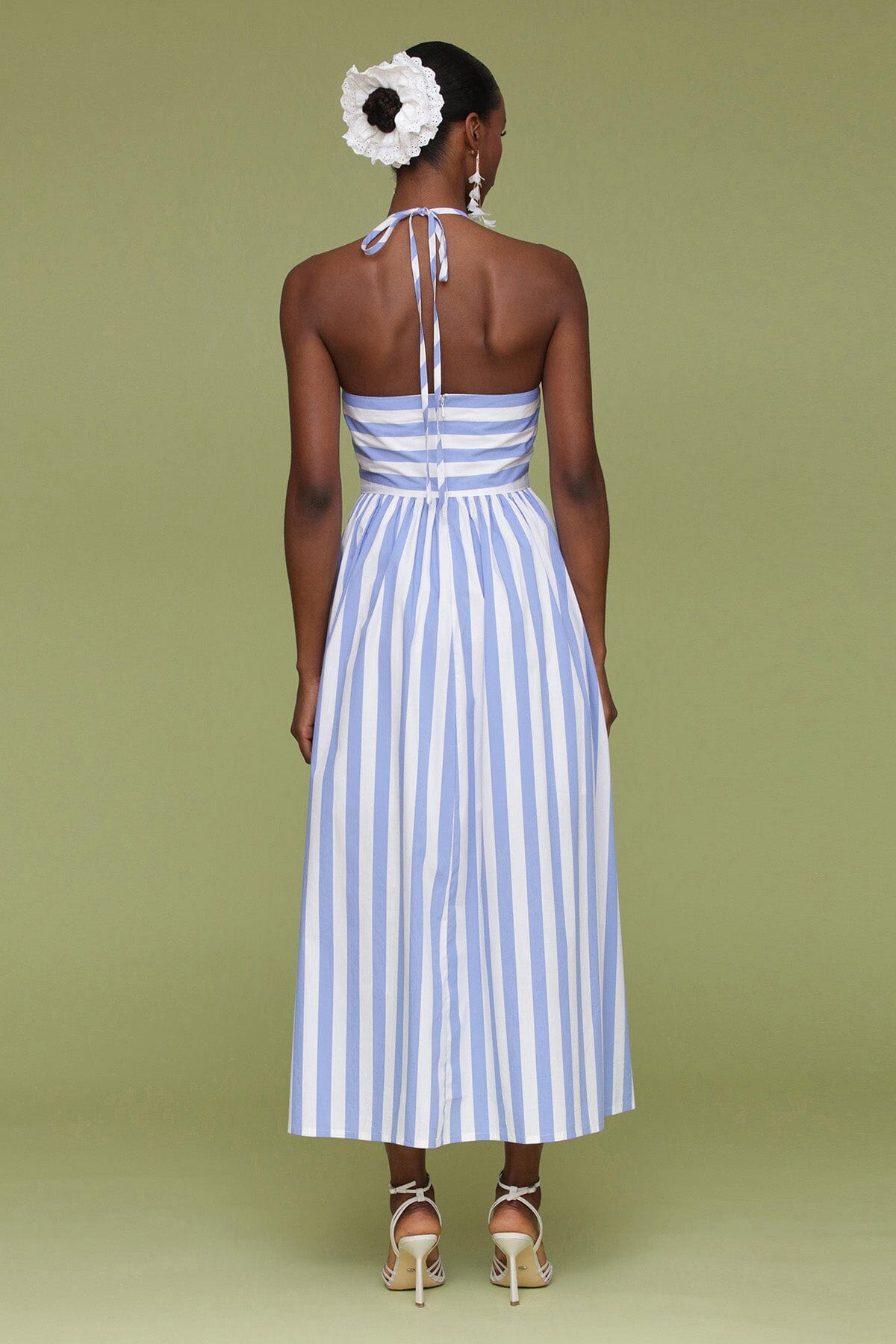 Blue white striped cotton halter tie midi dress with adjustable halter ties and hidden back zipper closure - Cute women's dresses by Avec Les Filles