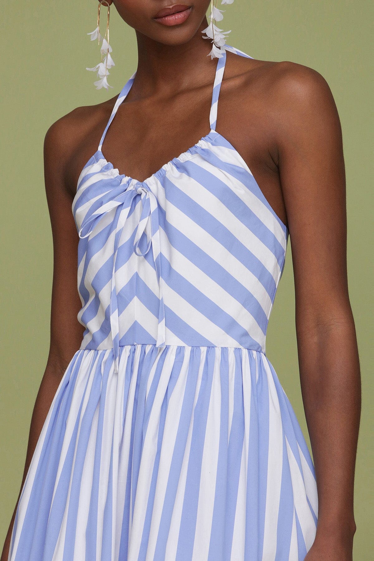 Blue white striped cotton halter tie midi dress with adjustable halter ties and hidden back zipper closure - Cute women's dresses by Avec Les Filles