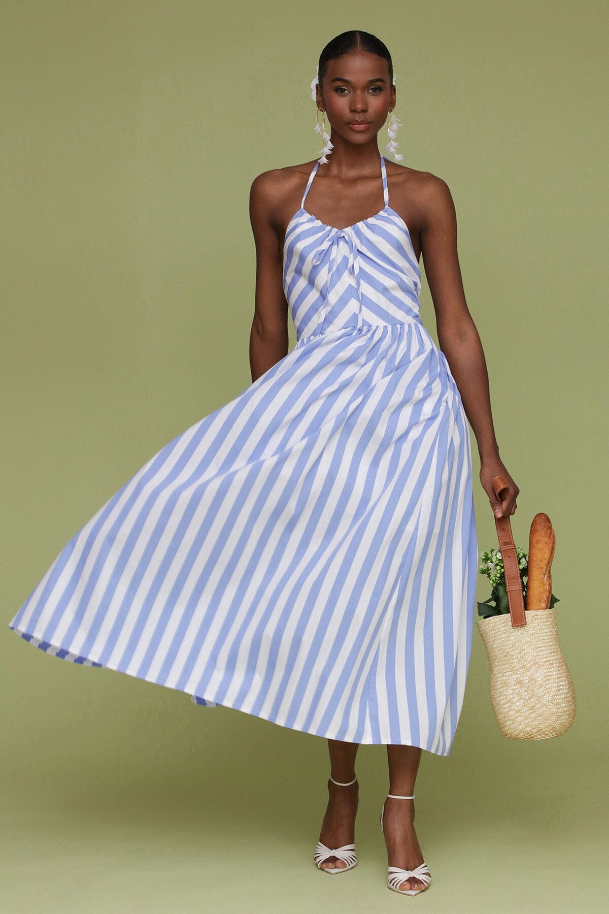 Blue white striped cotton halter tie midi dress with adjustable halter ties and hidden back zipper closure - Cute women's dresses by Avec Les Filles