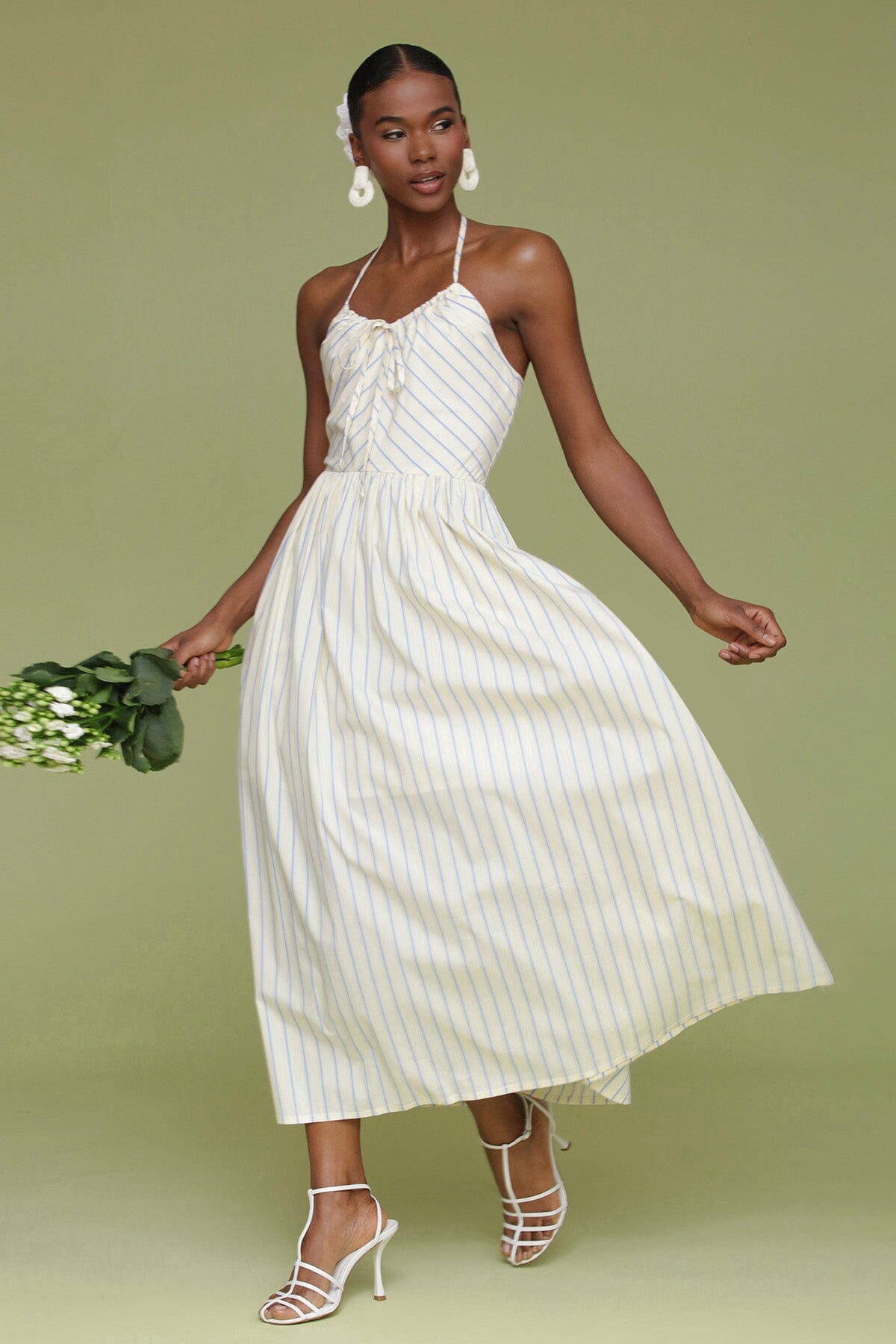 Yellow blue striped cotton halter tie midi dress with adjustable halter ties and hidden back zipper closure - Cute women's dresses by Avec Les Filles