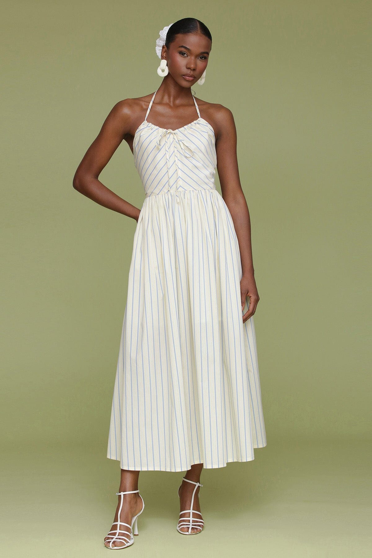 Yellow blue striped cotton halter tie midi dress with adjustable halter ties and hidden back zipper closure - Cute women's dresses by Avec Les Filles