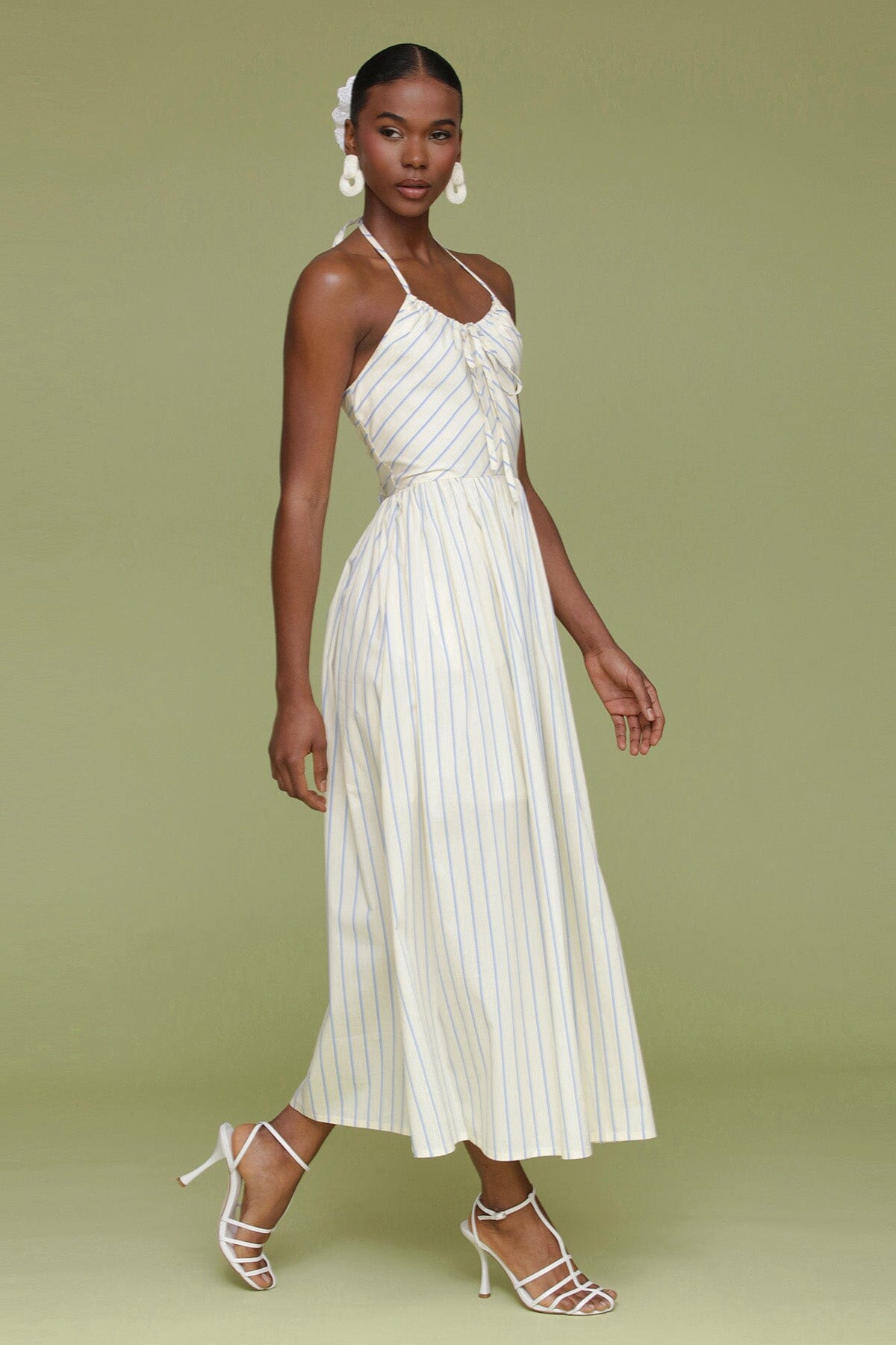 Yellow blue striped cotton halter tie midi dress with adjustable halter ties and hidden back zipper closure - Cute women's dresses by Avec Les Filles
