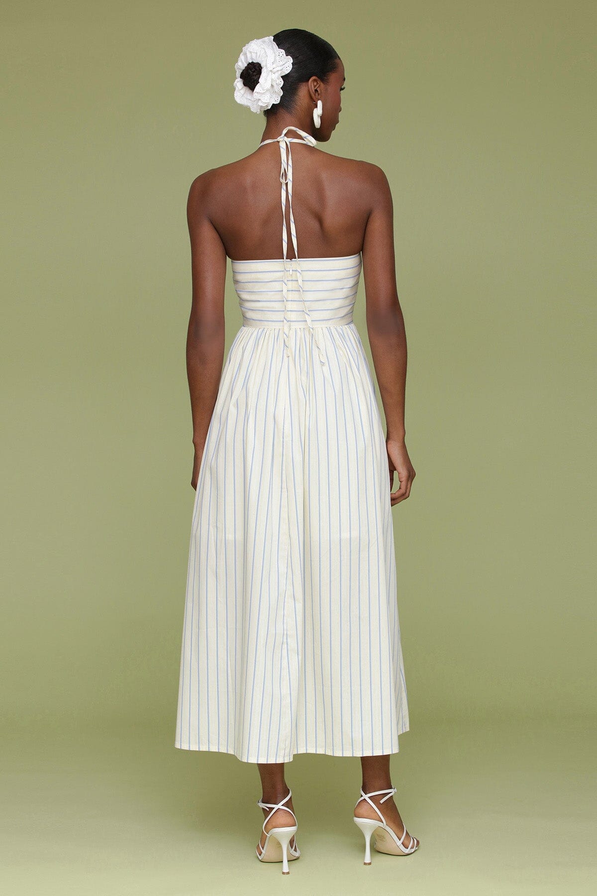 Yellow blue striped cotton halter tie midi dress with adjustable halter ties and hidden back zipper closure - Cute women's dresses by Avec Les Filles