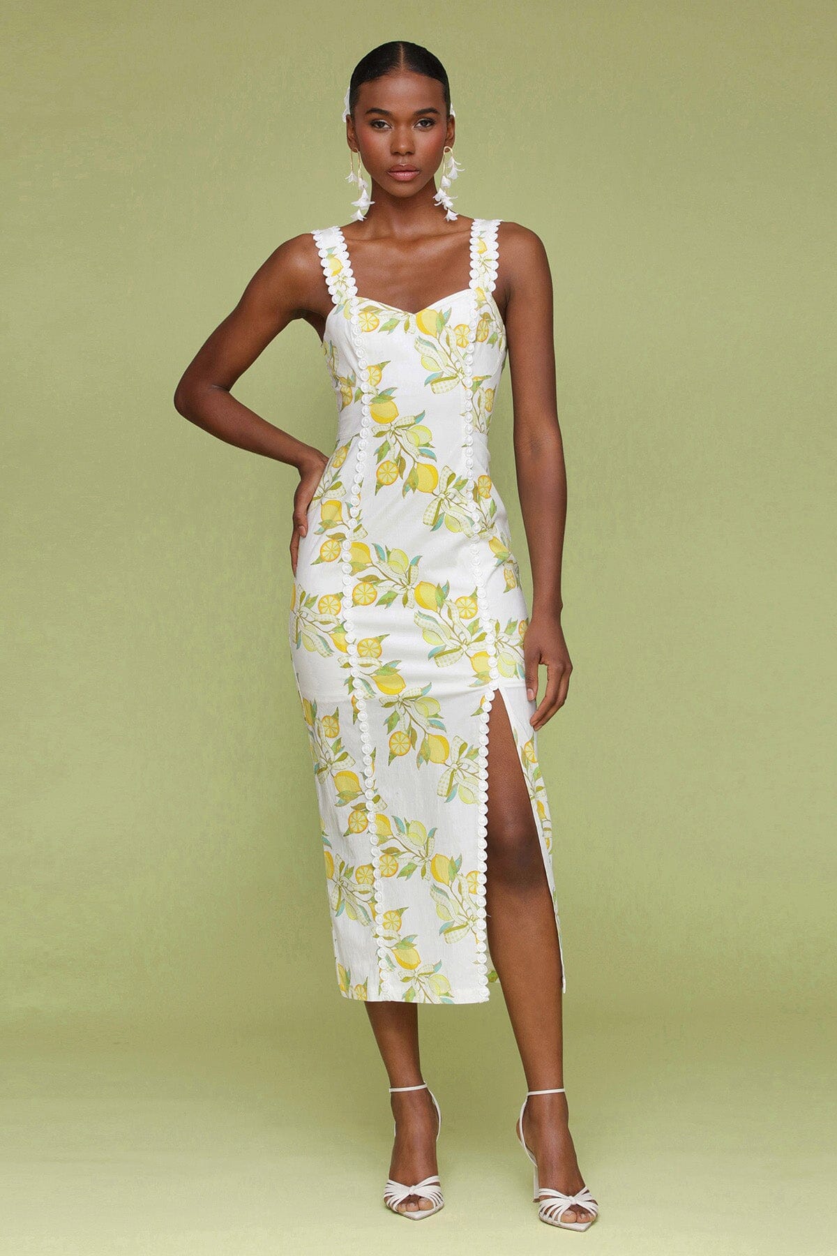 White lemon printed cotton sheath midi dress with sweetheart neckline and wide shoulder straps - Cute women's dresses by Avec Les Filles