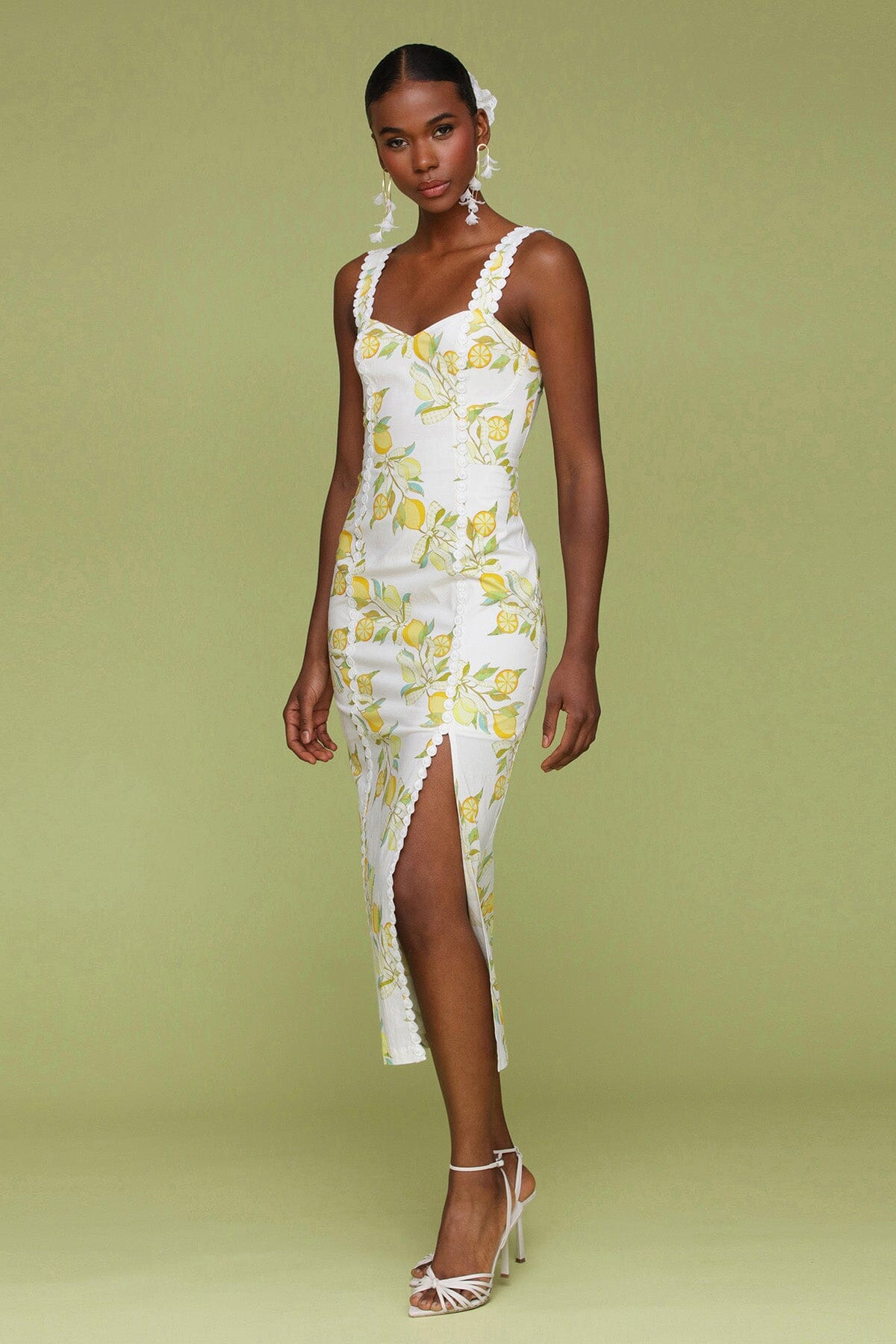 White lemon printed cotton sheath midi dress with sweetheart neckline and wide shoulder straps - Cute women's dresses by Avec Les Filles