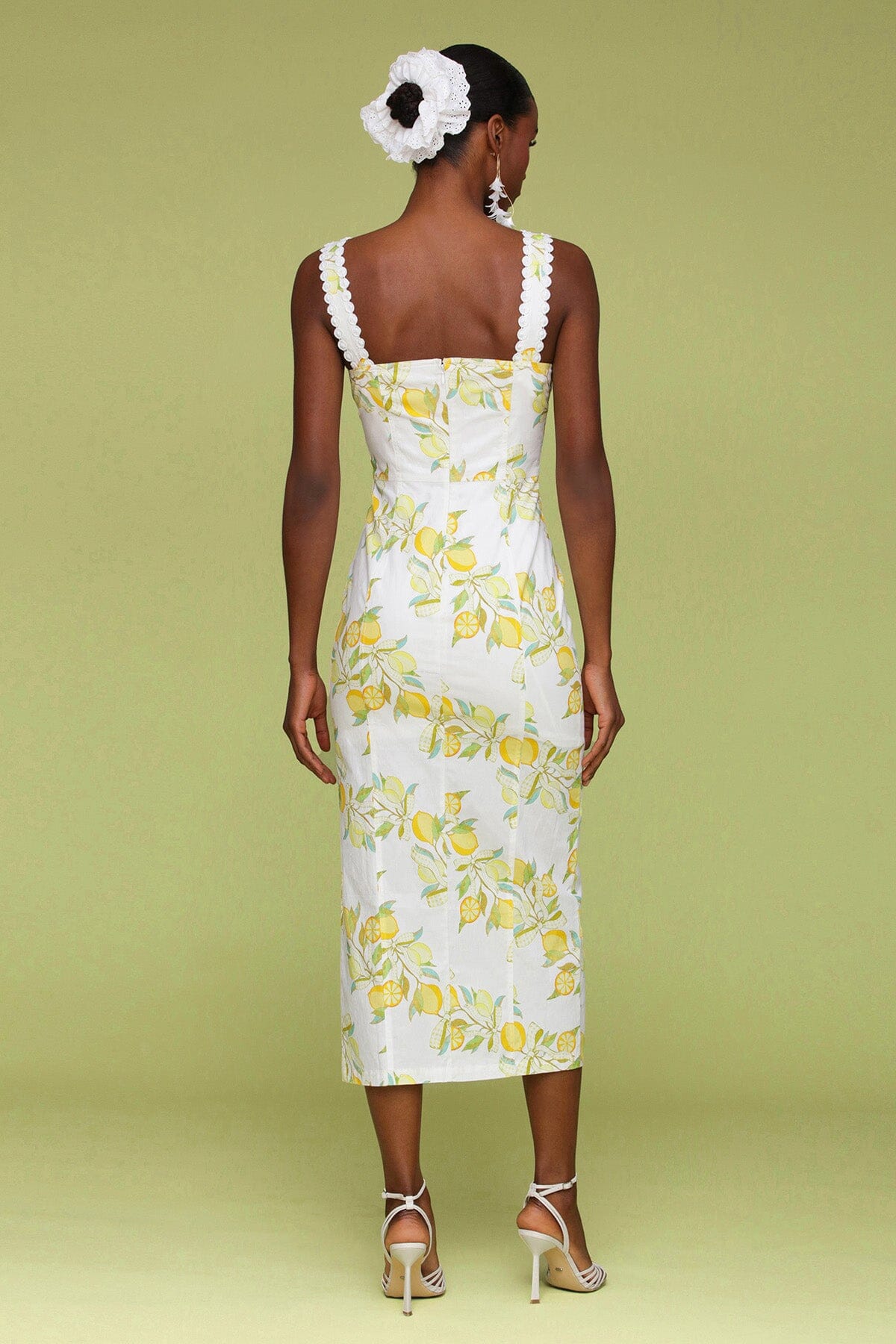 White lemon printed cotton sheath midi dress with sweetheart neckline and wide shoulder straps - Cute women's dresses by Avec Les Filles