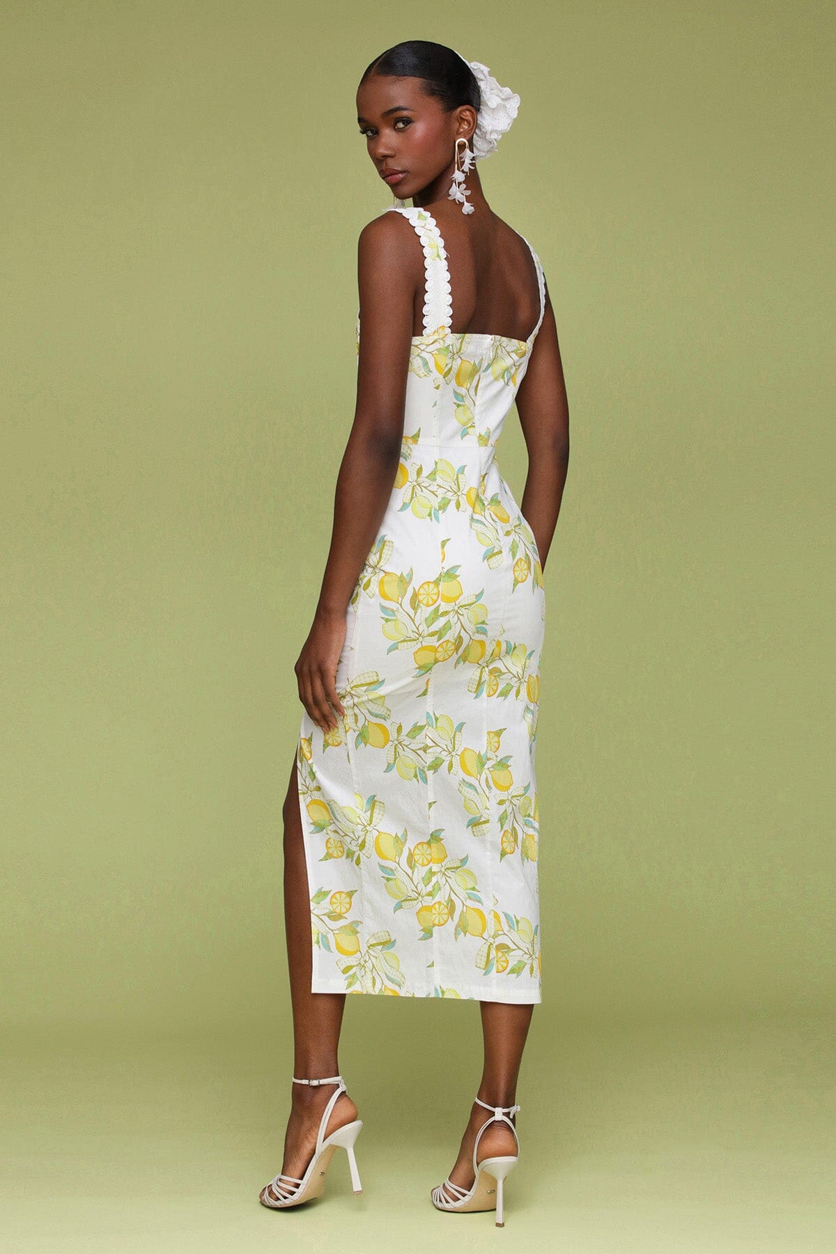White lemon printed cotton sheath midi dress with sweetheart neckline and wide shoulder straps - Cute women's dresses by Avec Les Filles
