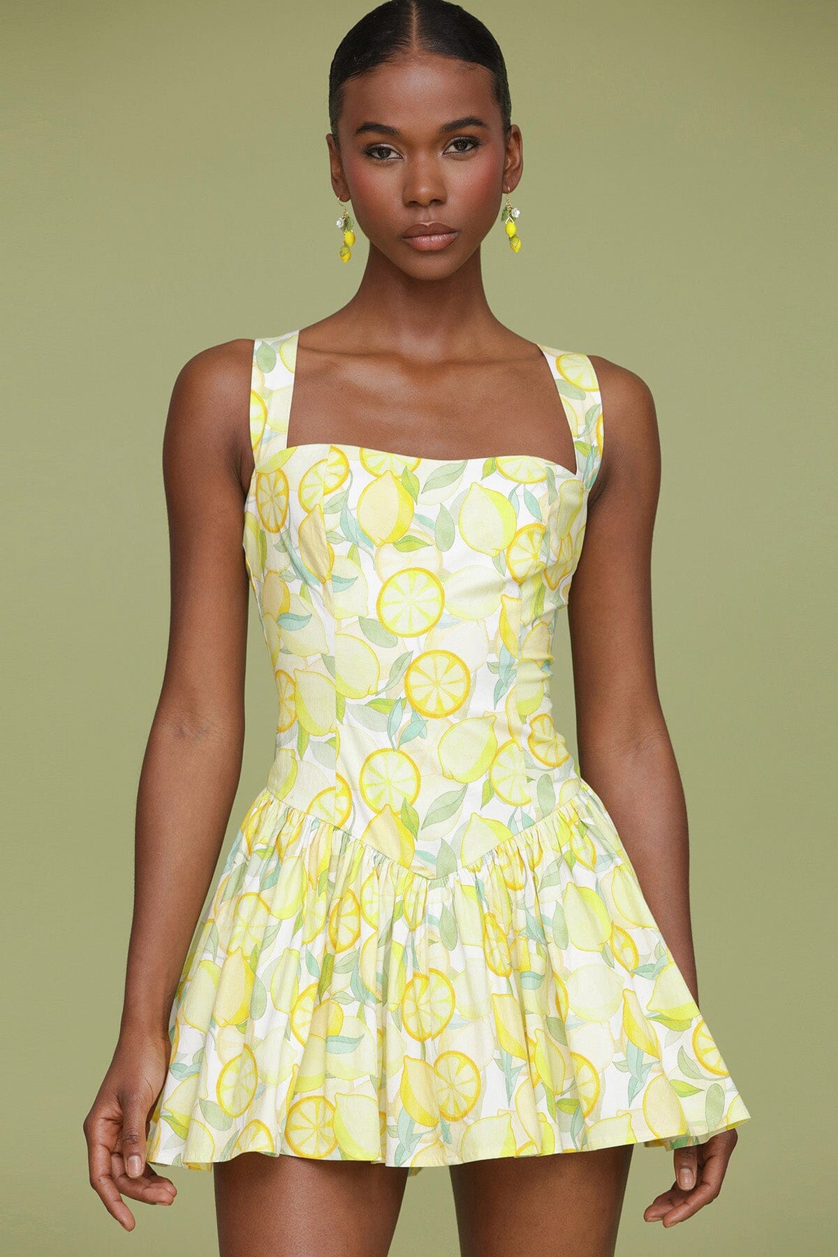 Yellow limoncello printed cotton flounce hem flared mini dress with square neckline and criss-cross back non-adjustable straps - Cute women's dresses by Avec Les Filles