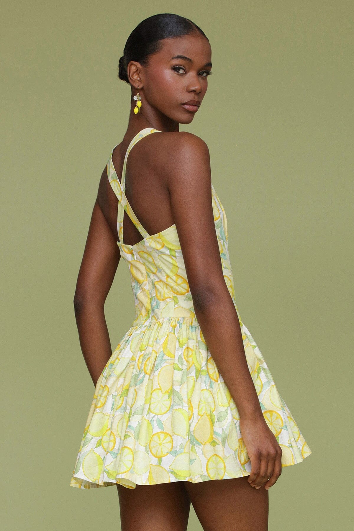 Yellow limoncello printed cotton flounce hem flared mini dress with square neckline and criss-cross back non-adjustable straps - Cute women's dresses by Avec Les Filles