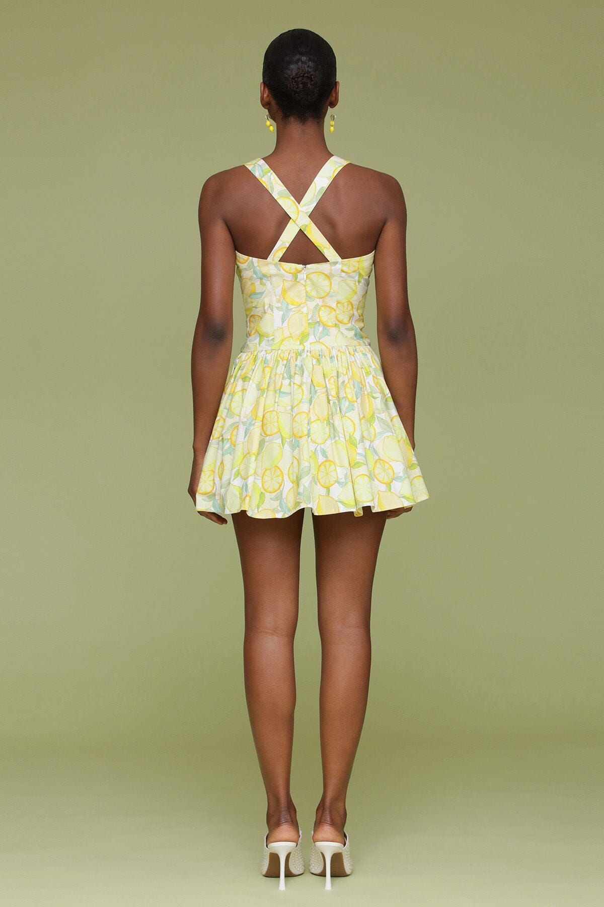 Yellow limoncello printed cotton flounce hem flared mini dress with square neckline and criss-cross back non-adjustable straps - Cute women's dresses by Avec Les Filles