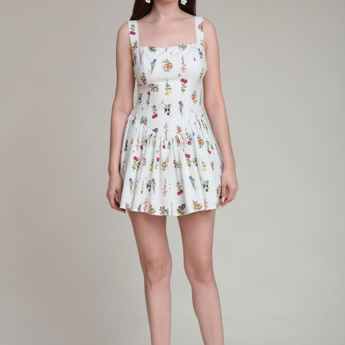 White Printed Cotton Romper Mini Dress Cream Botanical / 14