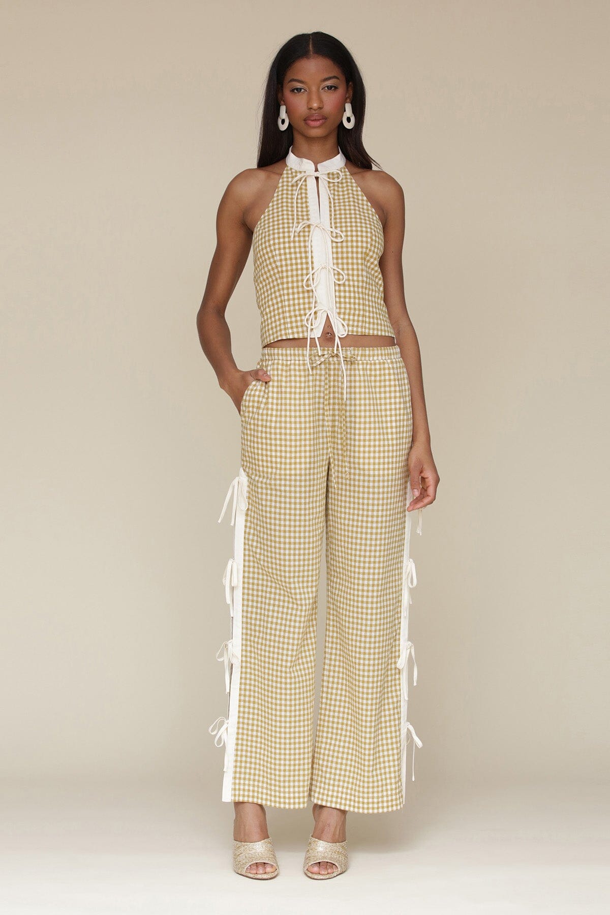 Brown olio gingham ramie blend bow detail wide leg pants with elastic waistband, drawstring tie and Functional side vents with adjustable ties - Cute women's pants by Avec Les Filles