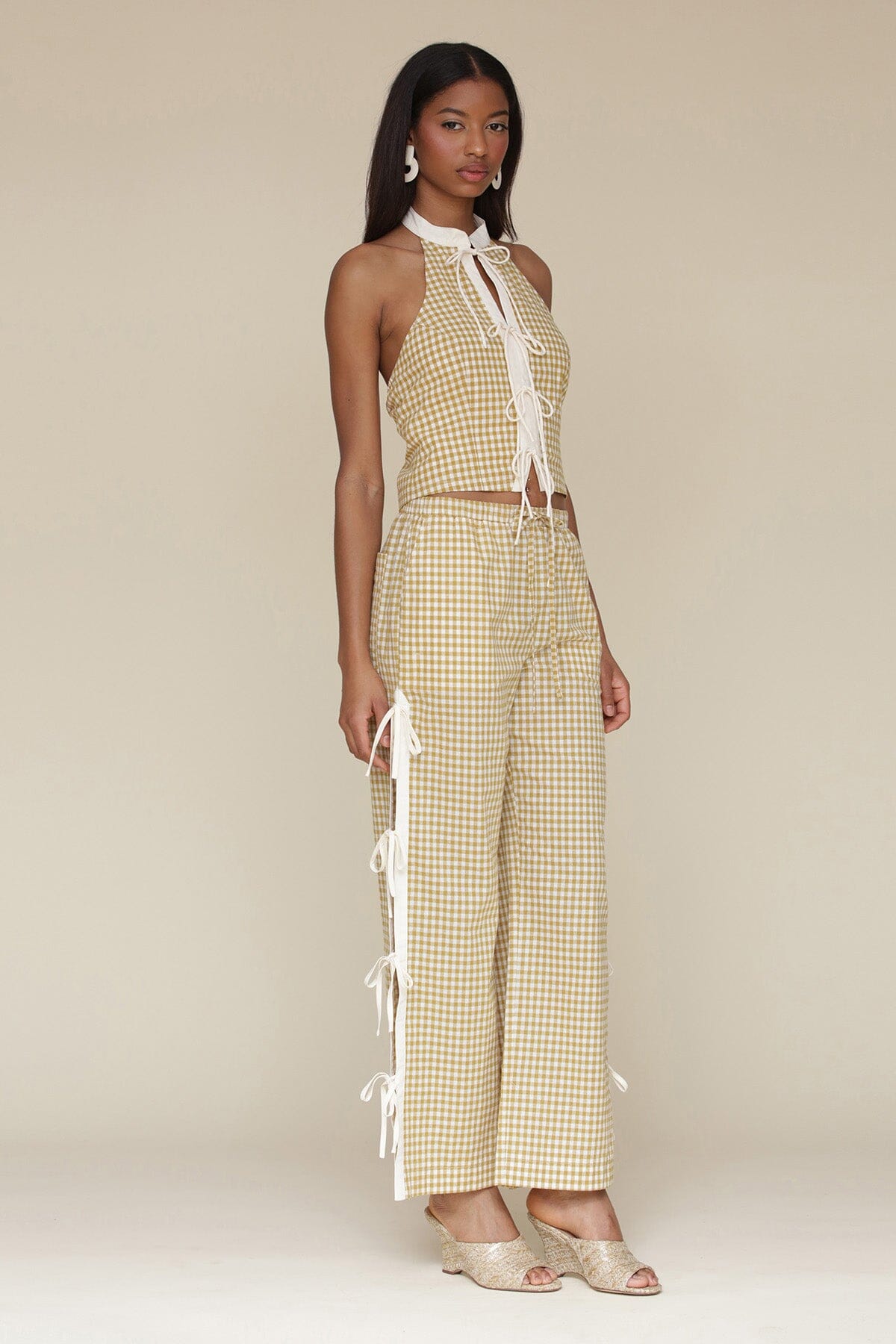 Brown olio gingham ramie blend bow detail wide leg pants with elastic waistband, drawstring tie and Functional side vents with adjustable ties - Cute women's pants by Avec Les Filles