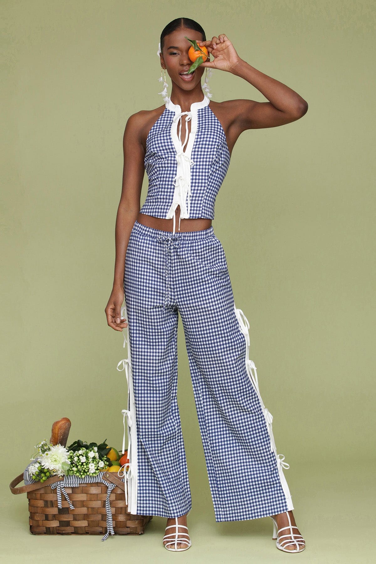 Navy white gingham ramie blend bow detail wide leg pants with elastic waistband, drawstring tie and Functional side vents with adjustable ties - Cute women's pants by Avec Les Filles
