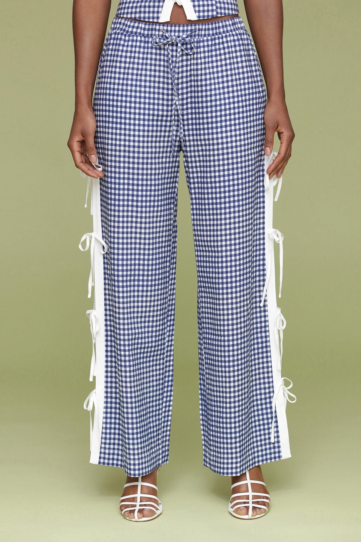 Navy white gingham ramie blend bow detail wide leg pants with elastic waistband, drawstring tie and Functional side vents with adjustable ties - Cute women's pants by Avec Les Filles