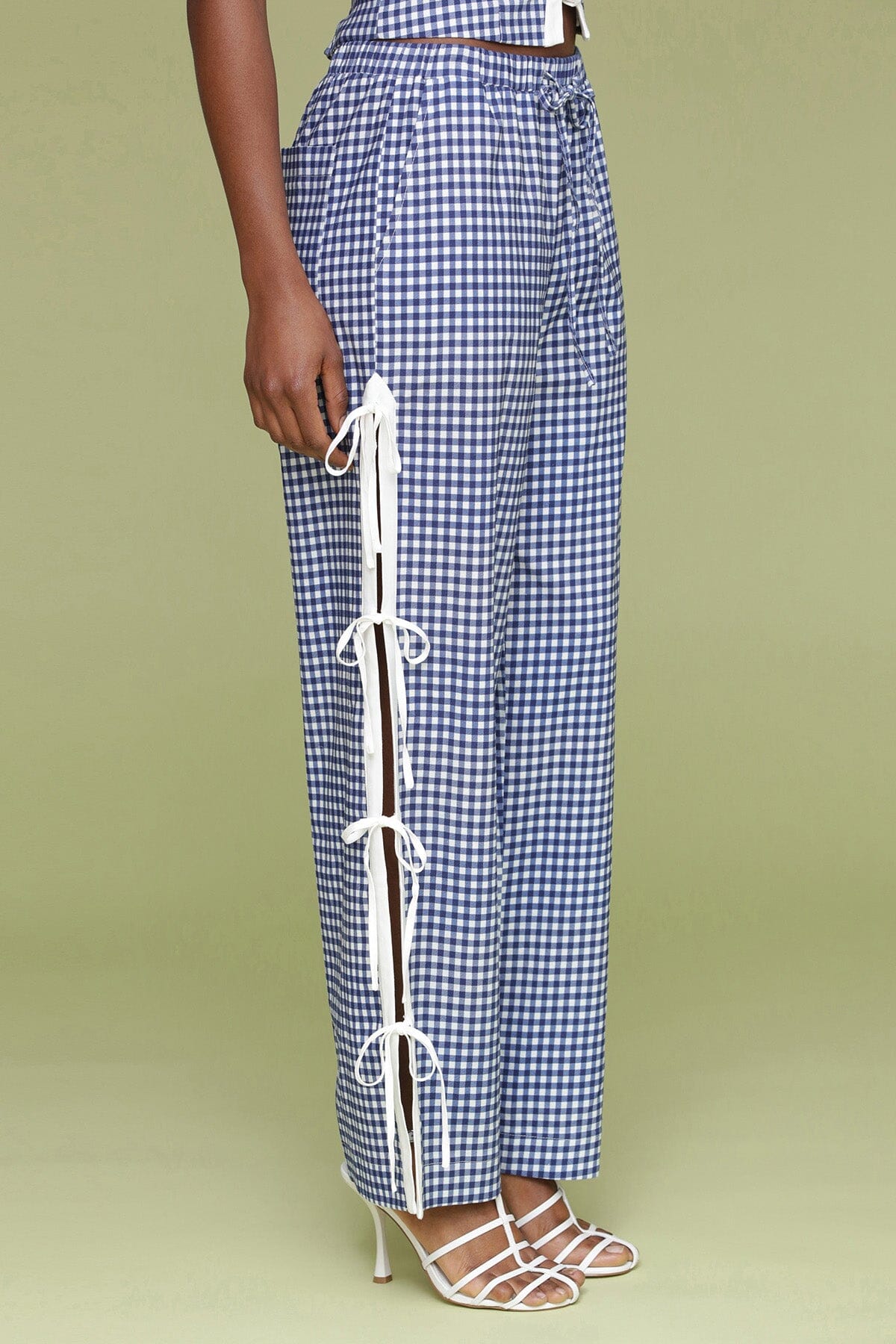 Navy white gingham ramie blend bow detail wide leg pants with elastic waistband, drawstring tie and Functional side vents with adjustable ties - Cute women's pants by Avec Les Filles