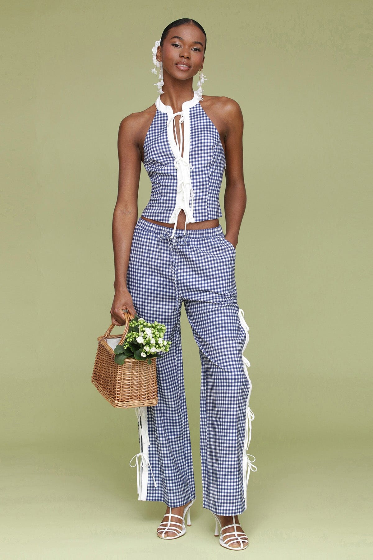 Navy white gingham ramie blend bow detail wide leg pants with elastic waistband, drawstring tie and Functional side vents with adjustable ties - Cute women's pants by Avec Les Filles