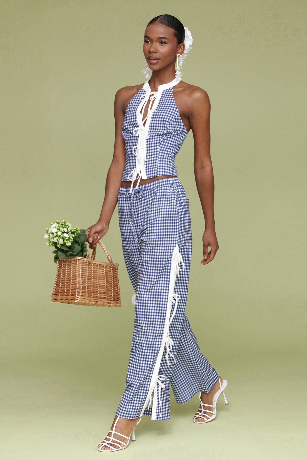 Navy white gingham ramie blend bow detail wide leg pants with elastic waistband, drawstring tie and Functional side vents with adjustable ties - Cute women's pants by Avec Les Filles