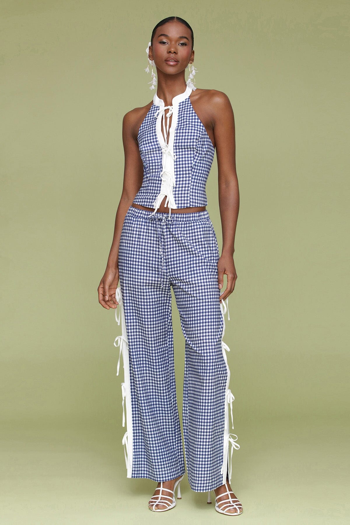 Navy white gingham ramie blend bow detail wide leg pants with elastic waistband, drawstring tie and Functional side vents with adjustable ties - Cute women's pants by Avec Les Filles