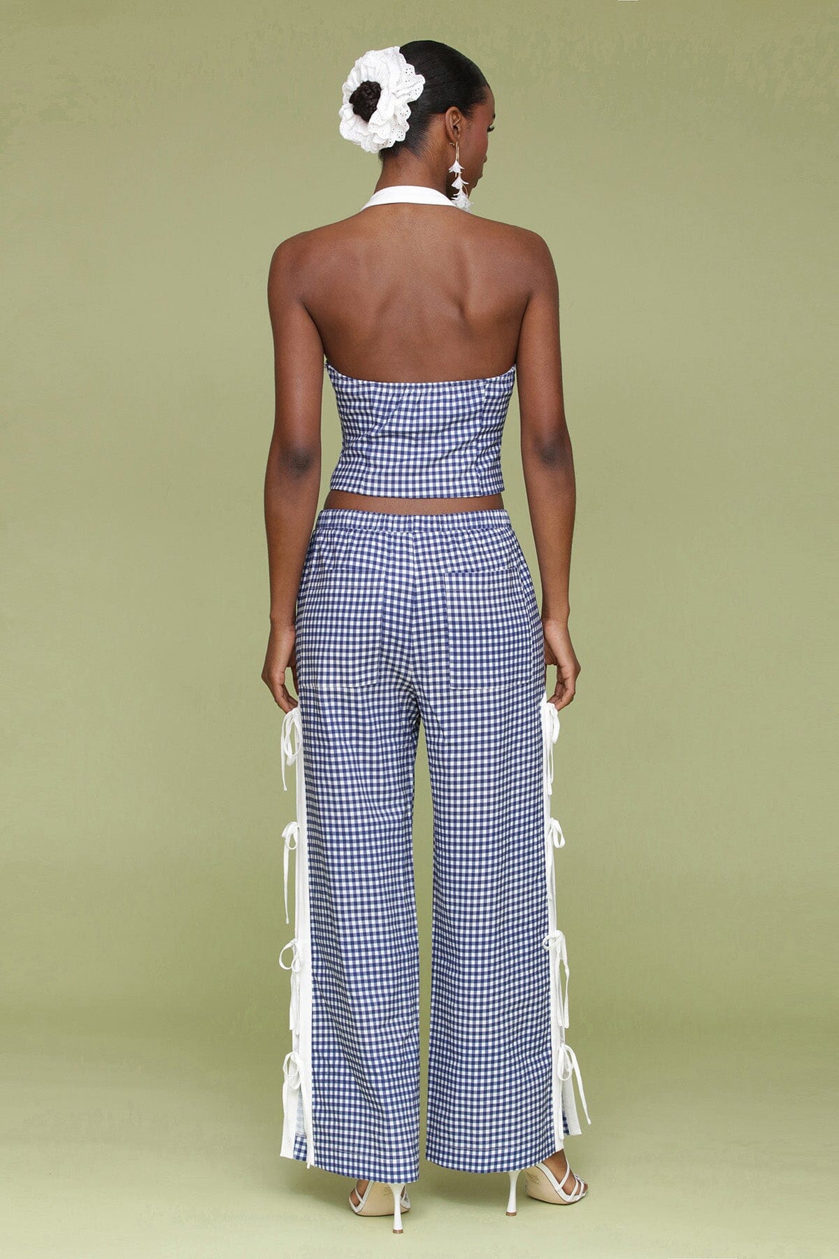 Navy white gingham ramie blend bow detail wide leg pants with elastic waistband, drawstring tie and Functional side vents with adjustable ties - Cute women's pants by Avec Les Filles