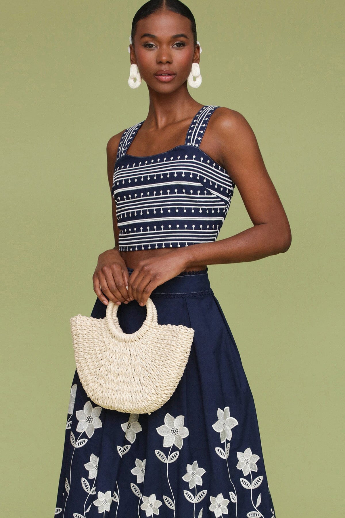 Navy cream embroidered cotton crop tank top made of 100% cotton with square neckline and wide straps - Cute women's tops by Avec Les Filles
