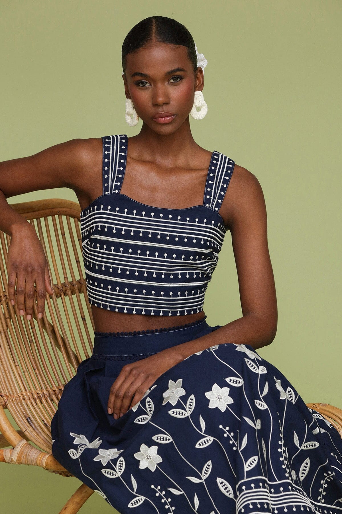 Navy cream embroidered cotton crop tank top made of 100% cotton with square neckline and wide straps - Cute women's tops by Avec Les Filles