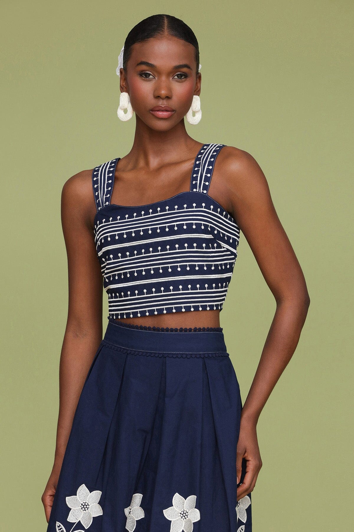Navy cream embroidered cotton crop tank top made of 100% cotton with square neckline and wide straps - Cute women's tops by Avec Les Filles