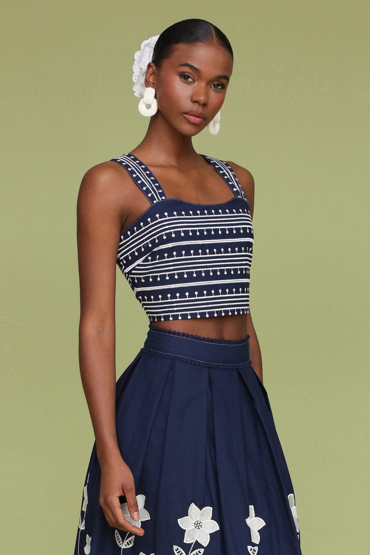 Navy cream embroidered cotton crop tank top made of 100% cotton with square neckline and wide straps - Cute women's tops by Avec Les Filles