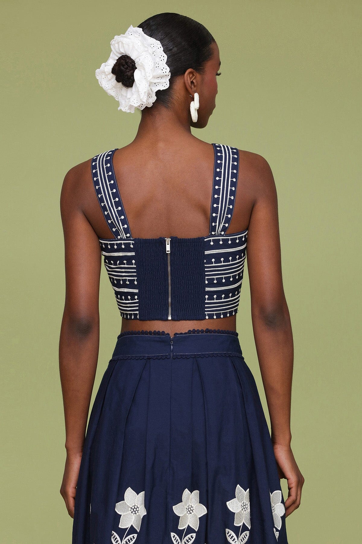 Navy cream embroidered cotton crop tank top made of 100% cotton with square neckline and wide straps - Cute women's tops by Avec Les Filles