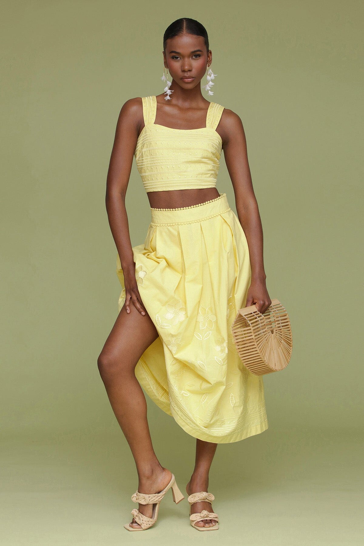 Yellow citron embroidered cotton crop tank top made of 100% cotton with square neckline and wide straps - Cute women's tops by Avec Les Filles