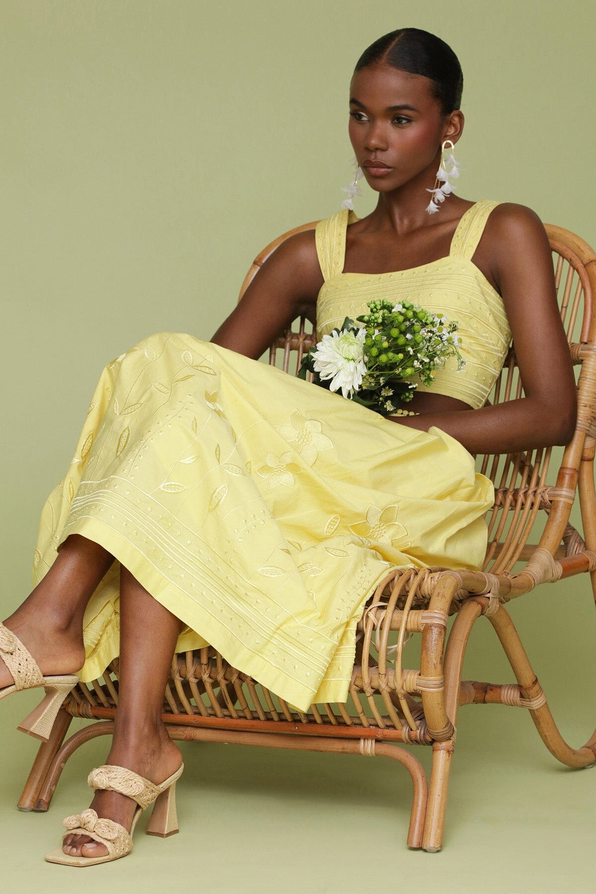 Yellow citron embroidered cotton crop tank top made of 100% cotton with square neckline and wide straps - Cute women's tops by Avec Les Filles