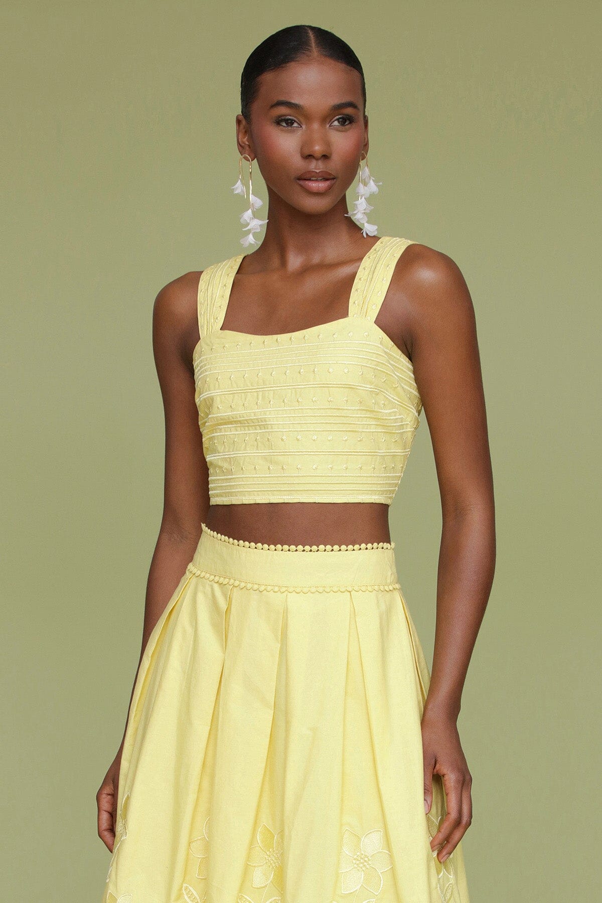 Yellow citron embroidered cotton crop tank top made of 100% cotton with square neckline and wide straps - Cute women's tops by Avec Les Filles