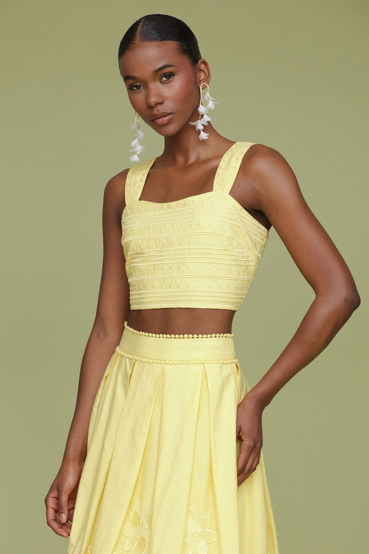 Yellow citron embroidered cotton crop tank top made of 100% cotton with square neckline and wide straps - Cute women's tops by Avec Les Filles