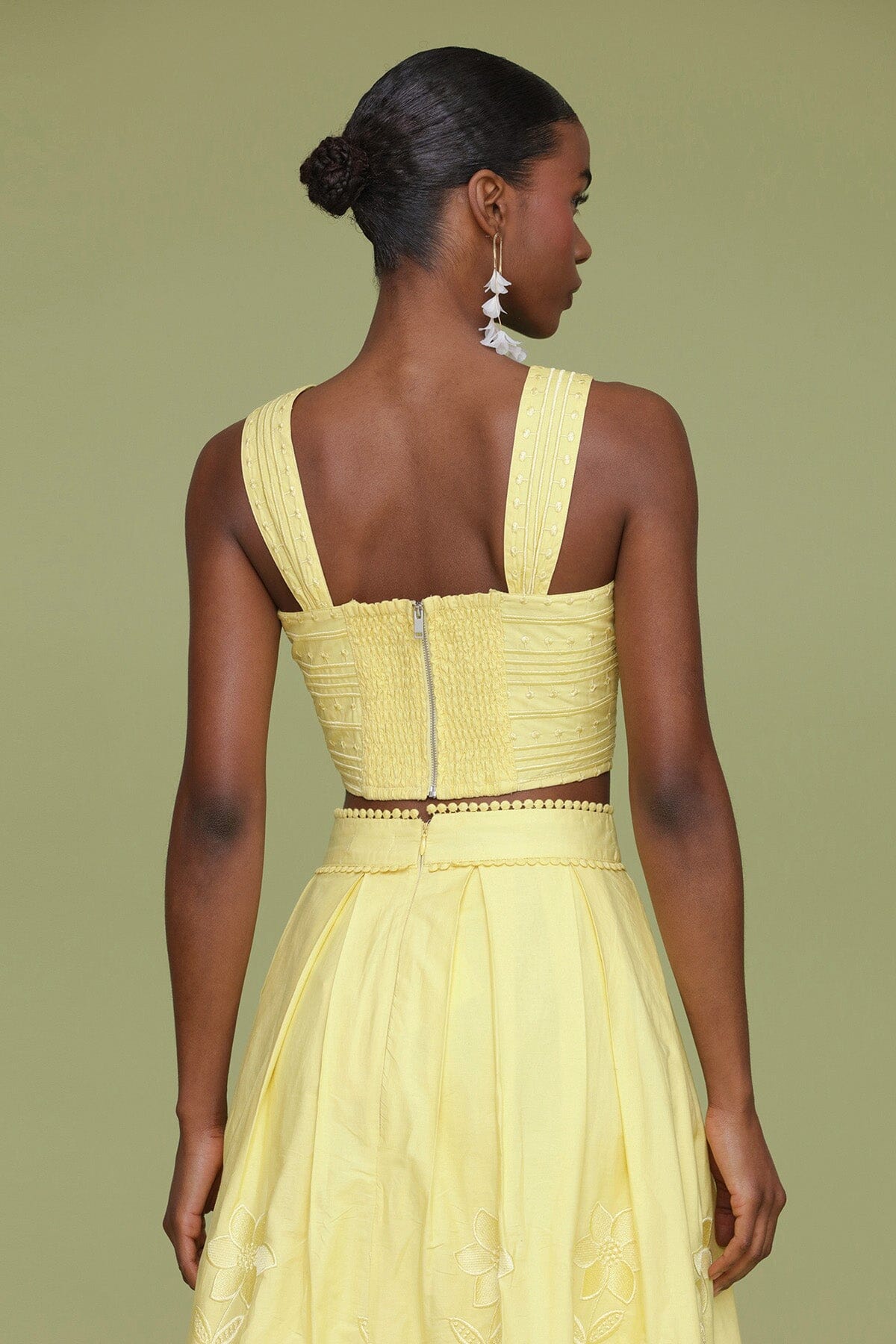 Yellow citron embroidered cotton crop tank top made of 100% cotton with square neckline and wide straps - Cute women's tops by Avec Les Filles