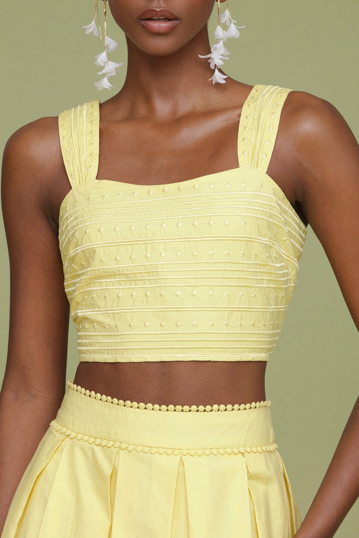 Yellow citron embroidered cotton crop tank top made of 100% cotton with square neckline and wide straps - Cute women's tops by Avec Les Filles