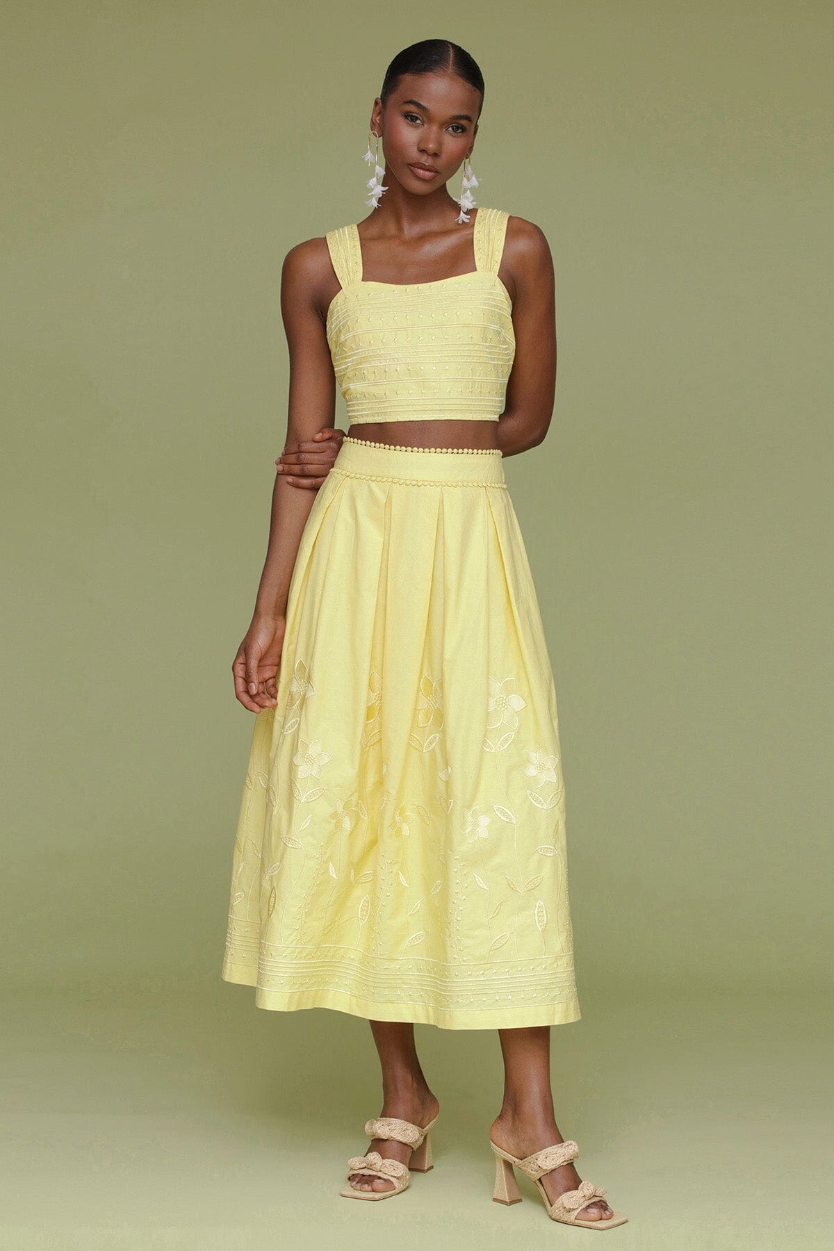 Yellow citron embroidered cotton crop tank top made of 100% cotton with square neckline and wide straps - Cute women's tops by Avec Les Filles