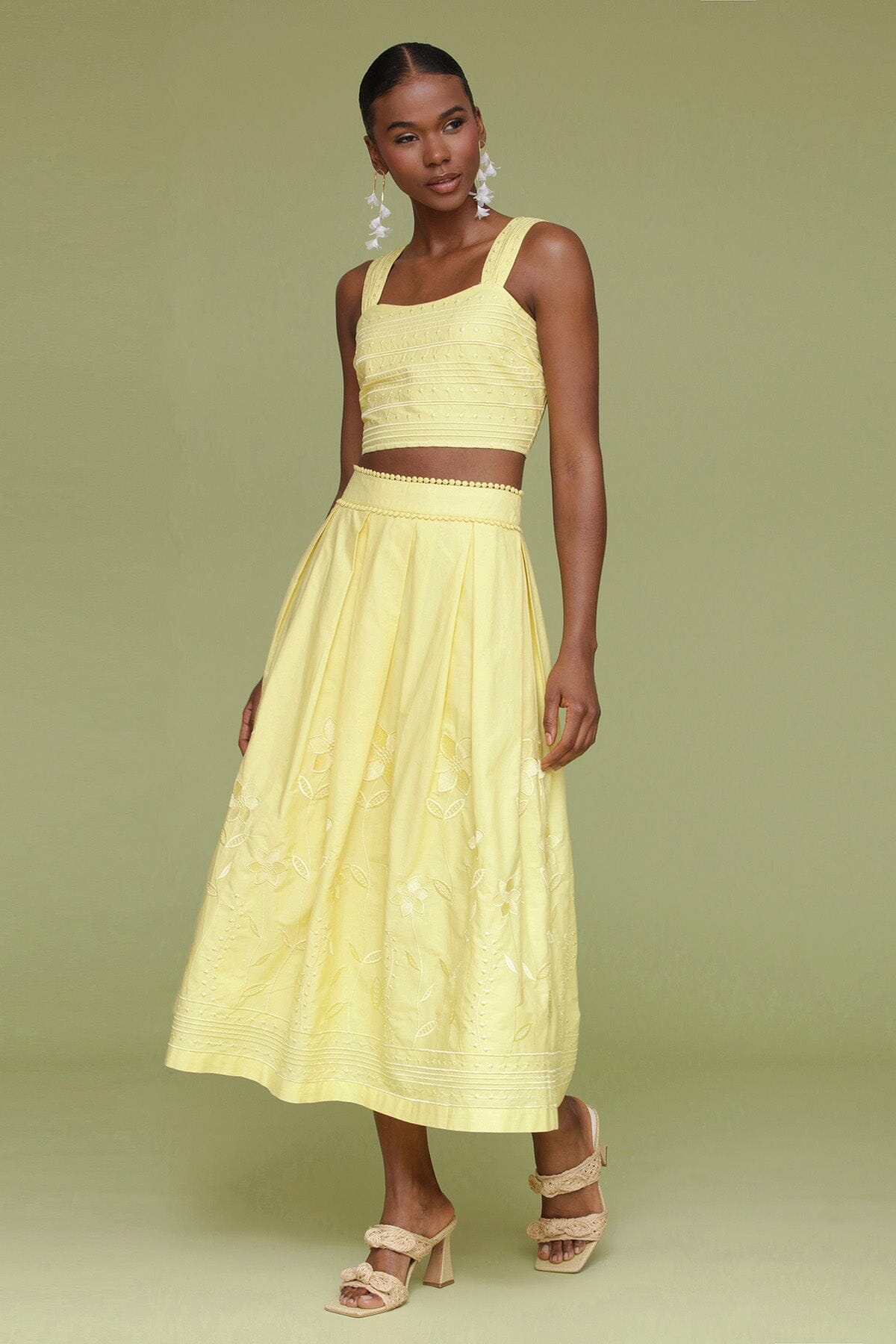 Yellow citron embroidered cotton crop tank top made of 100% cotton with square neckline and wide straps - Cute women's tops by Avec Les Filles