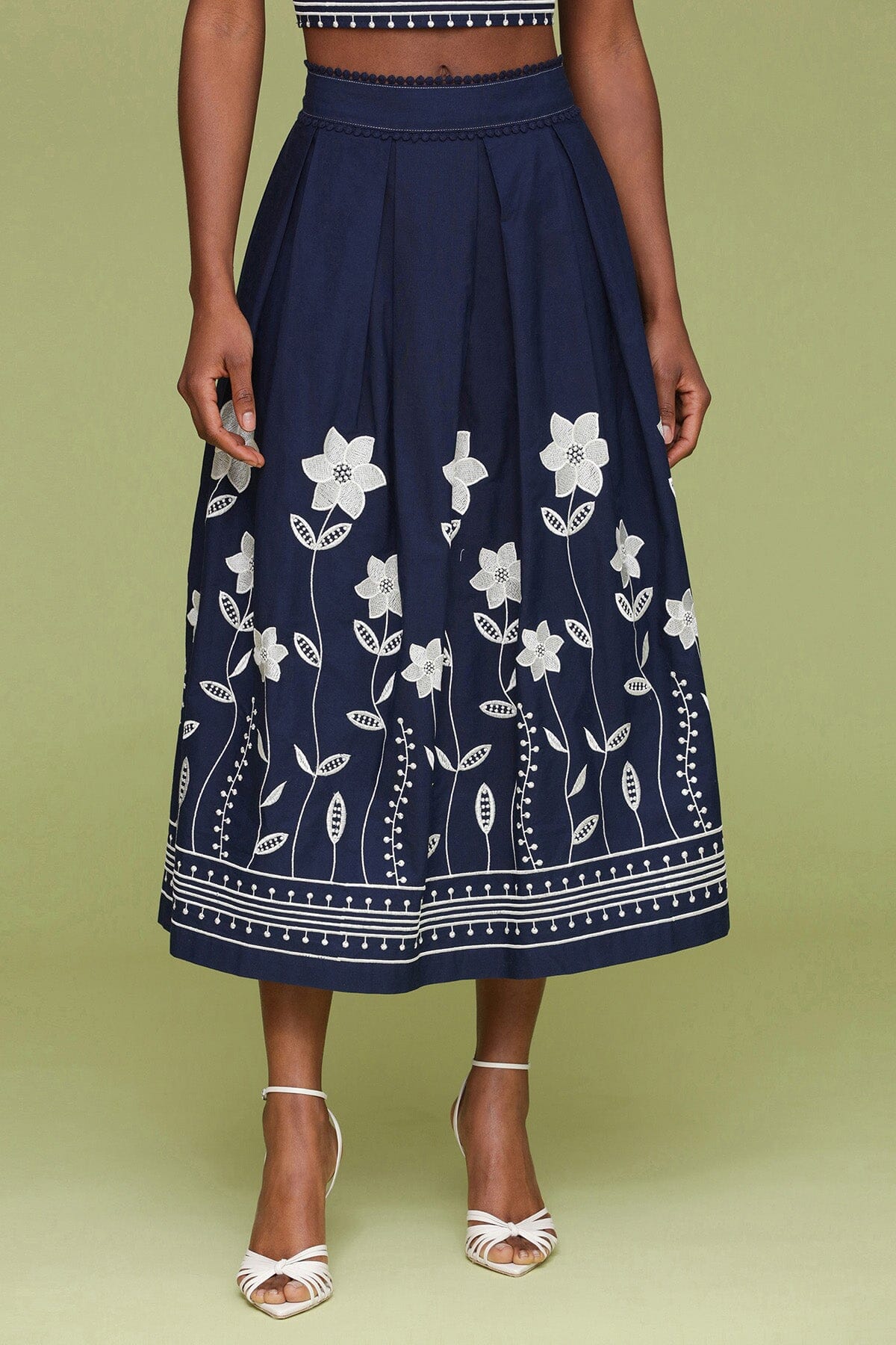 Navy cream embroidered cotton maxi skirt with crisp knife pleats and invisible back zip - Cute women's maxi skirts by Avec Les Filles