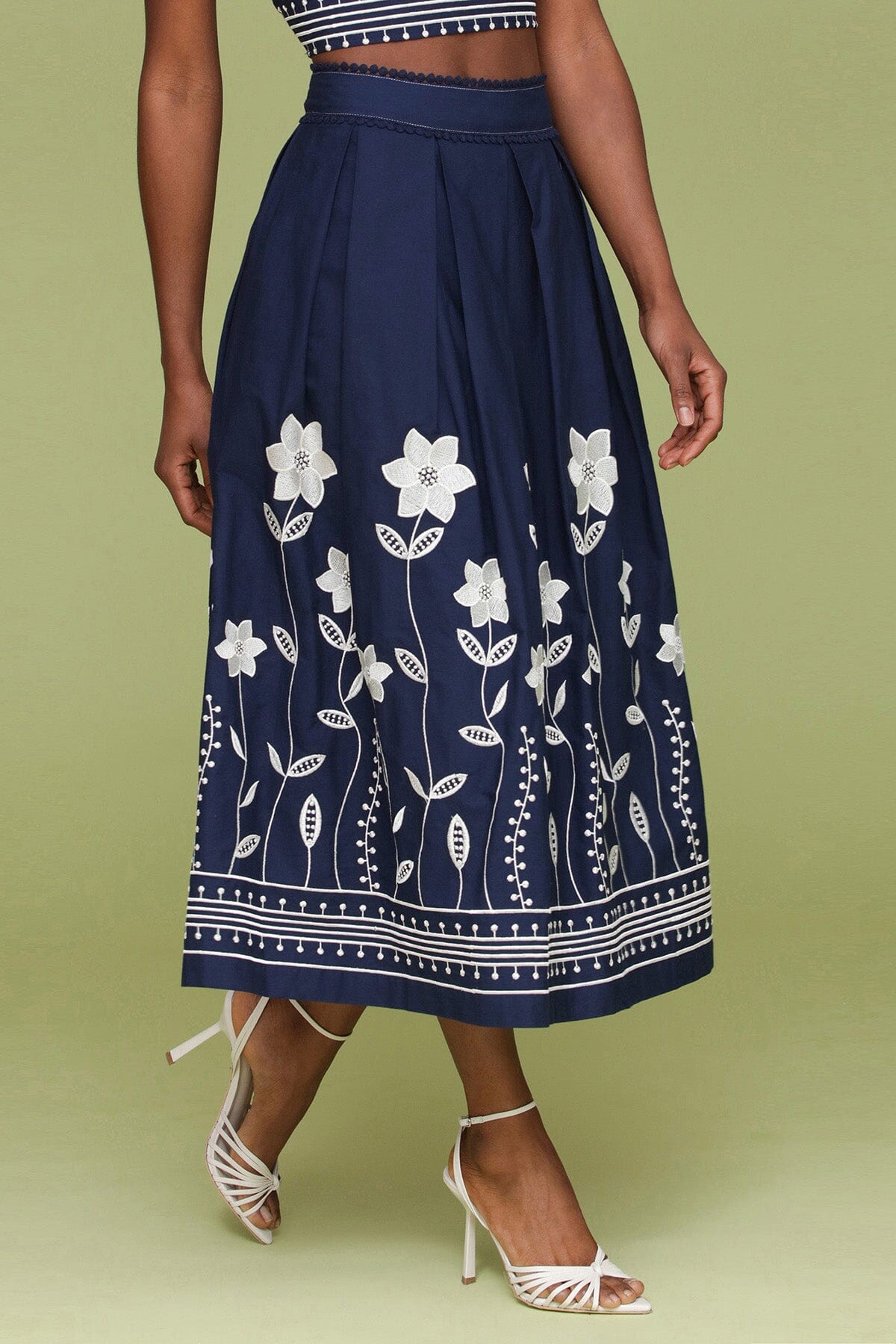 Navy cream embroidered cotton maxi skirt with crisp knife pleats and invisible back zip - Cute women's maxi skirts by Avec Les Filles