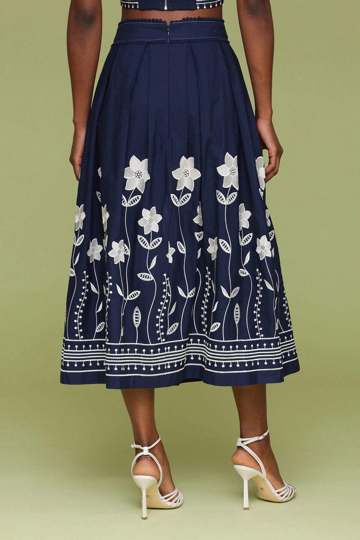 Navy cream embroidered cotton maxi skirt with crisp knife pleats and invisible back zip - Cute women's maxi skirts by Avec Les Filles