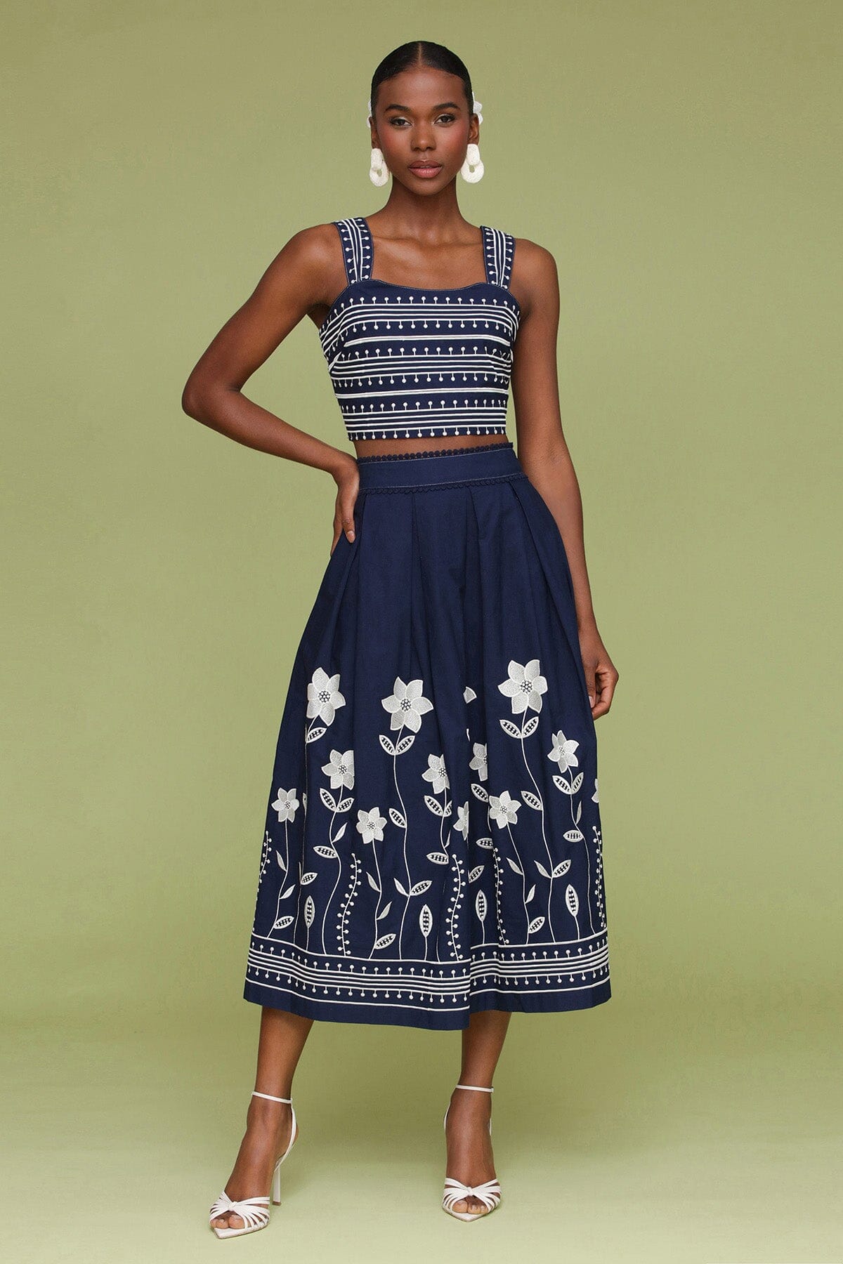 Navy cream embroidered cotton maxi skirt with crisp knife pleats and invisible back zip - Cute women's maxi skirts by Avec Les Filles