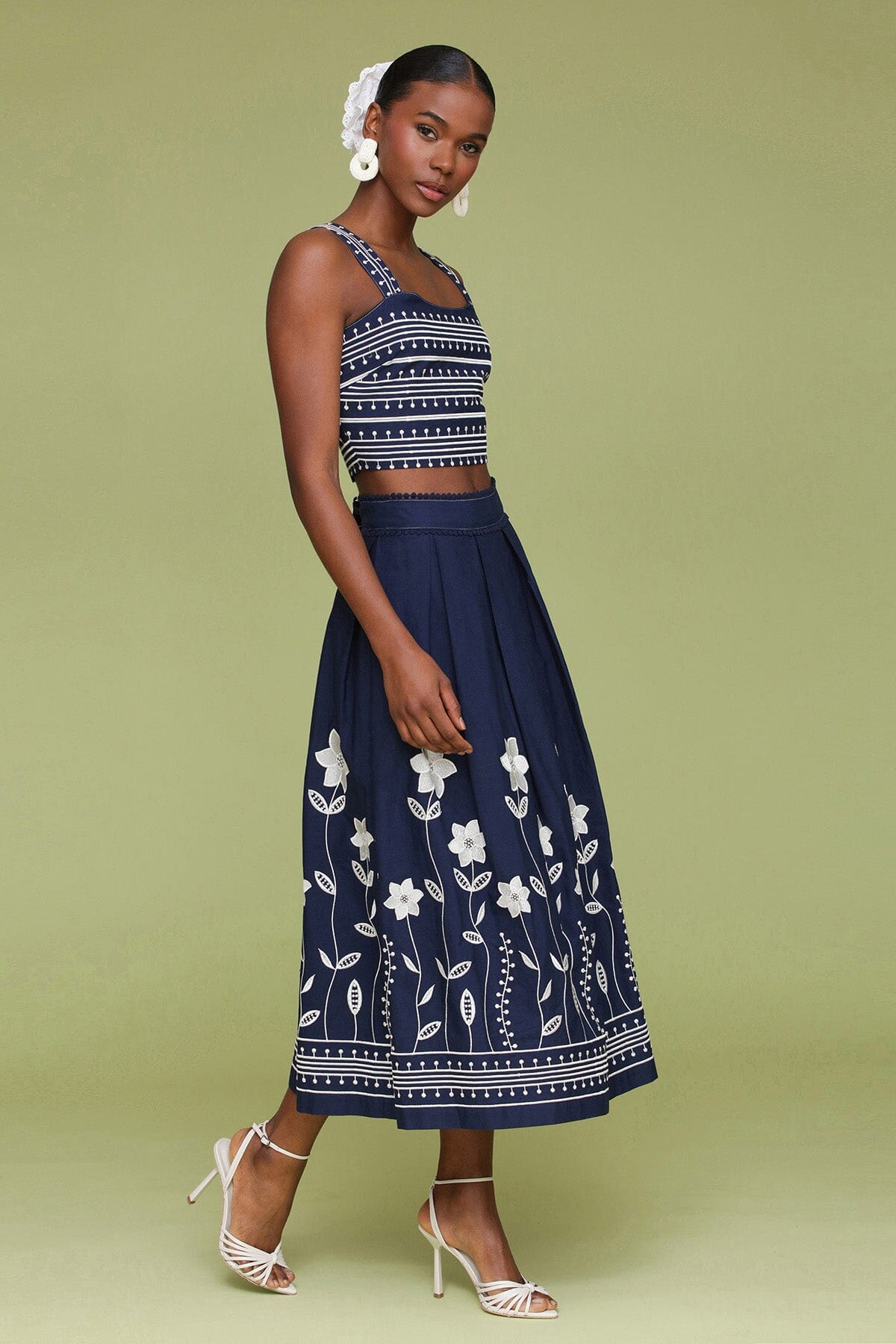 Navy cream embroidered cotton maxi skirt with crisp knife pleats and invisible back zip - Cute women's maxi skirts by Avec Les Filles