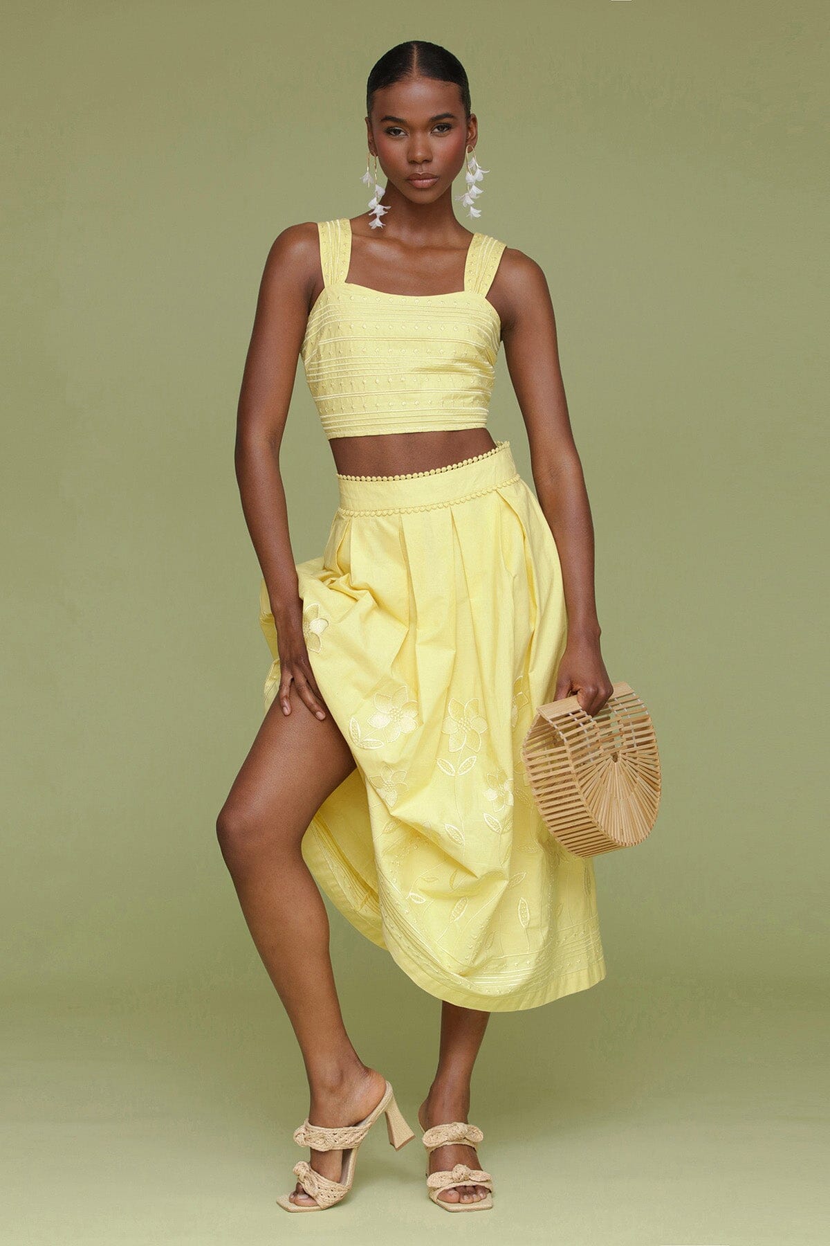 Yellow citron embroidered cotton maxi skirt with crisp knife pleats and invisible back zip - Cute women's maxi skirts by Avec Les Filles